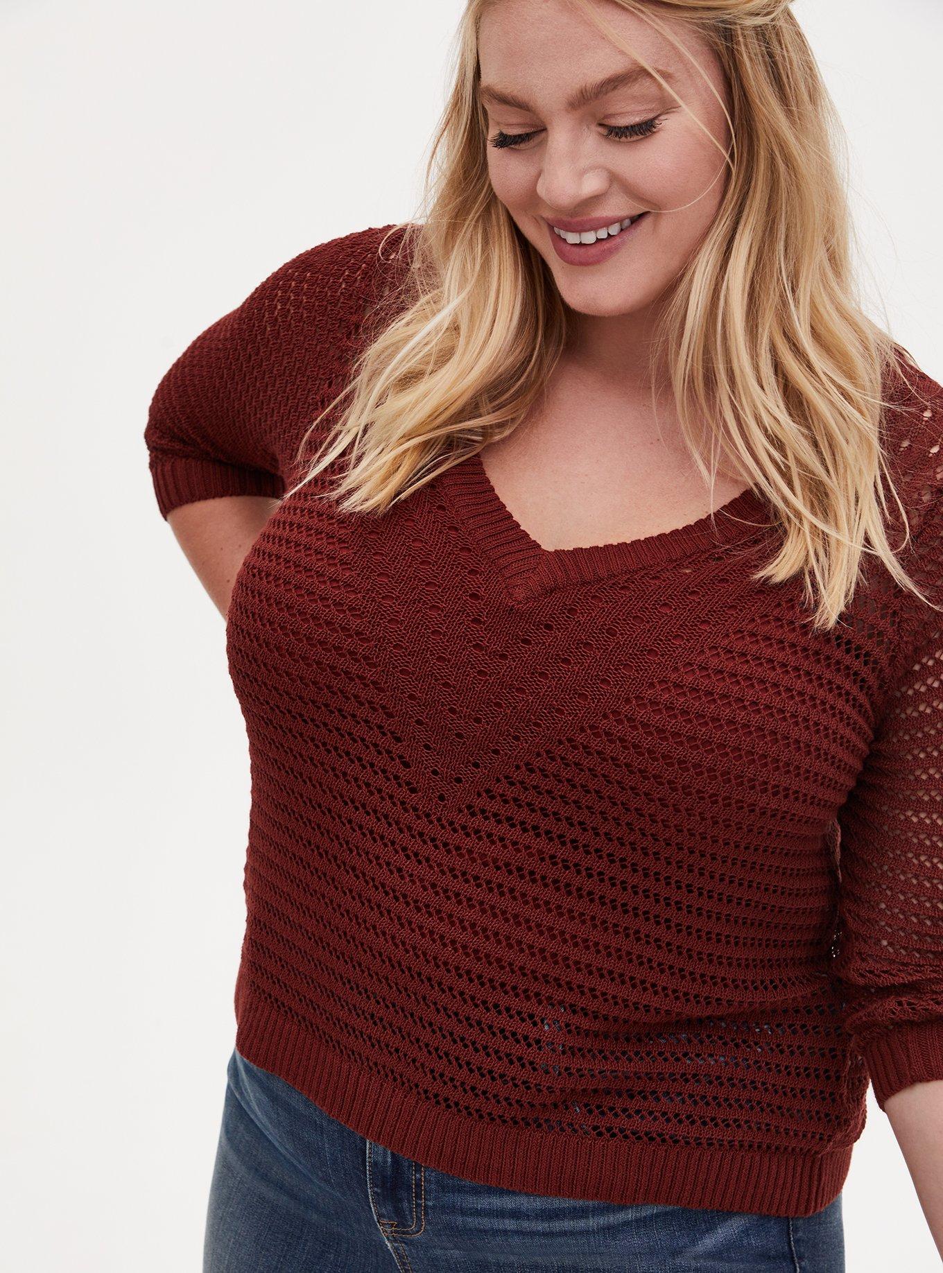 Pointelle Pullover V-Neck Sweater, , hi-res