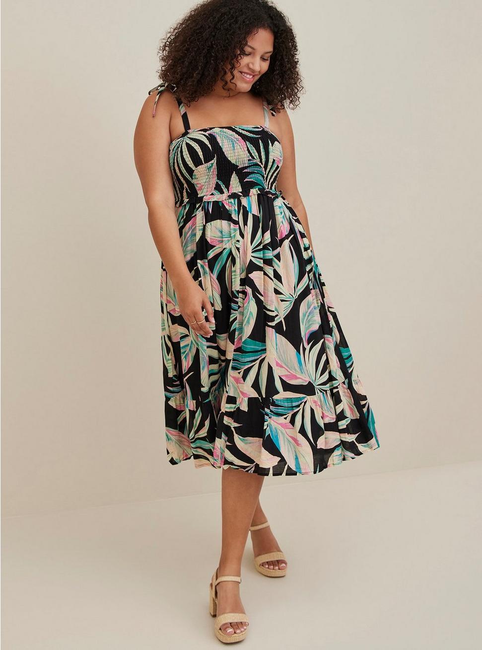Maxi Rayon Tiered Dress, LEAVES BLACK, hi-res