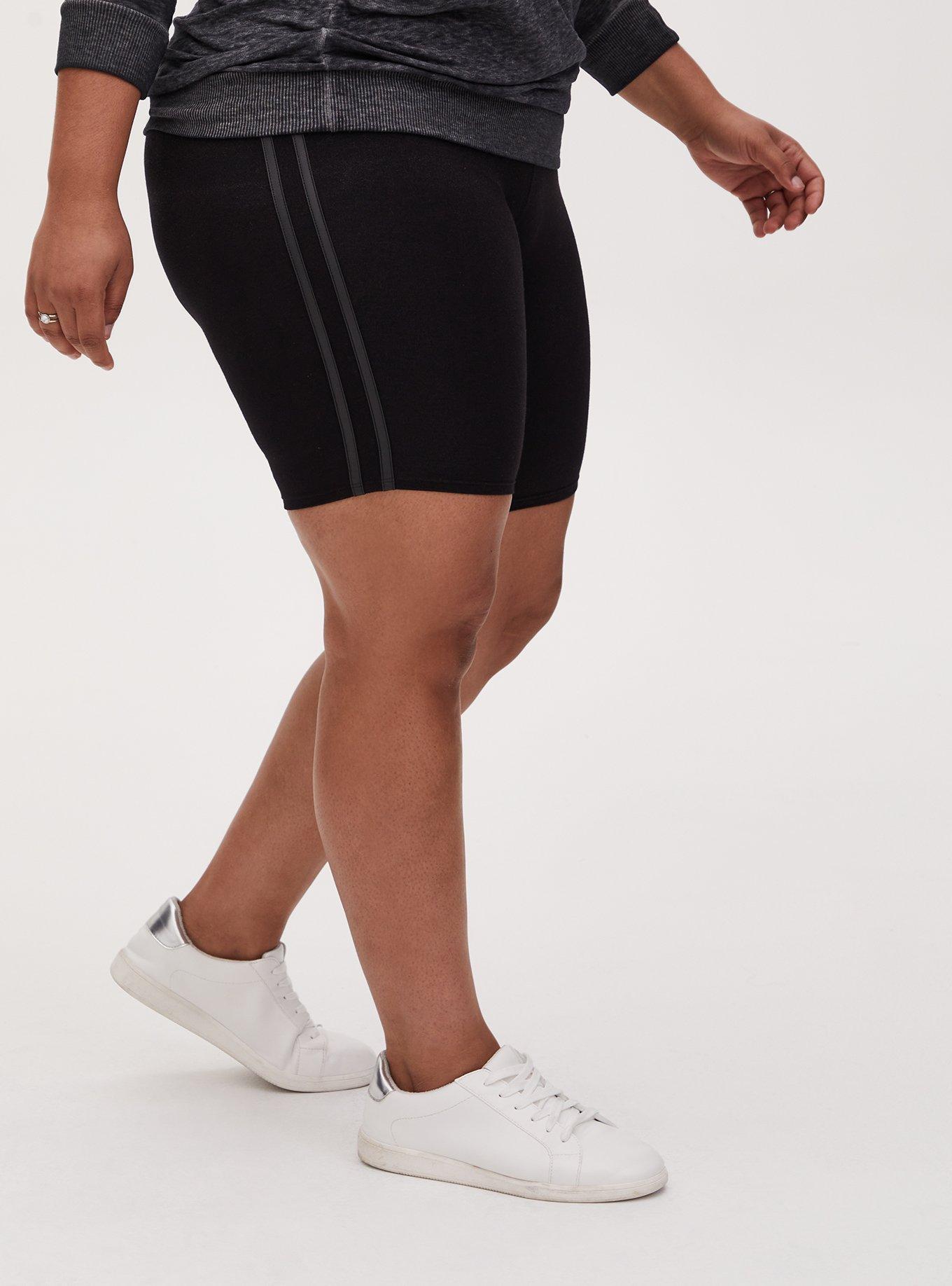 Black & Faux Leather Dual Stripe Bike Short, BLACK, hi-res