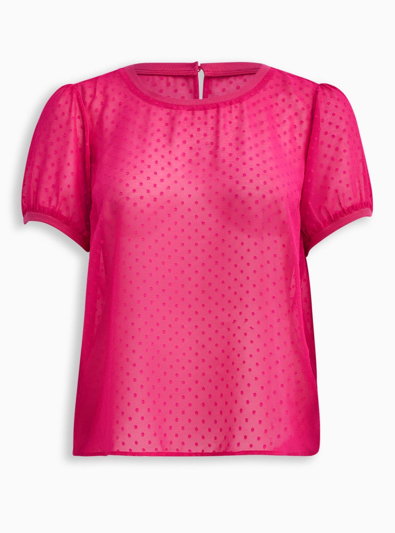 Crinkle Chiffon Rib Trim Top, PINK GLO, hi-res