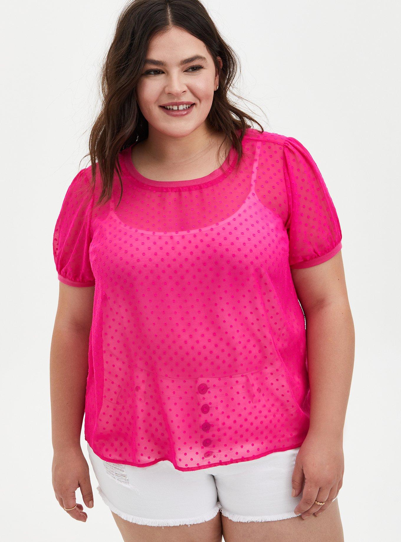 Crinkle Chiffon Rib Trim Top, PINK GLO, hi-res