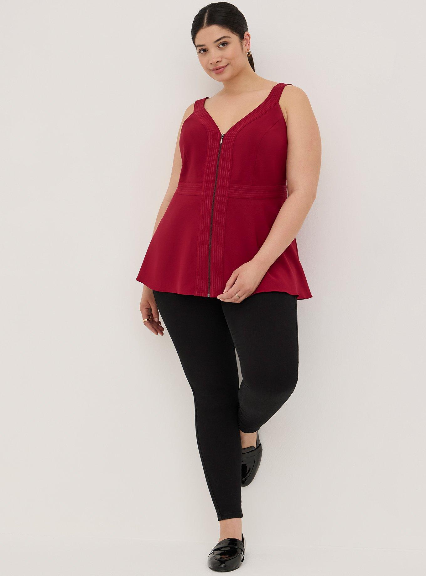 Plus Size Peplum Crepe Zip-Front Top, RUMBA RED, hi-res