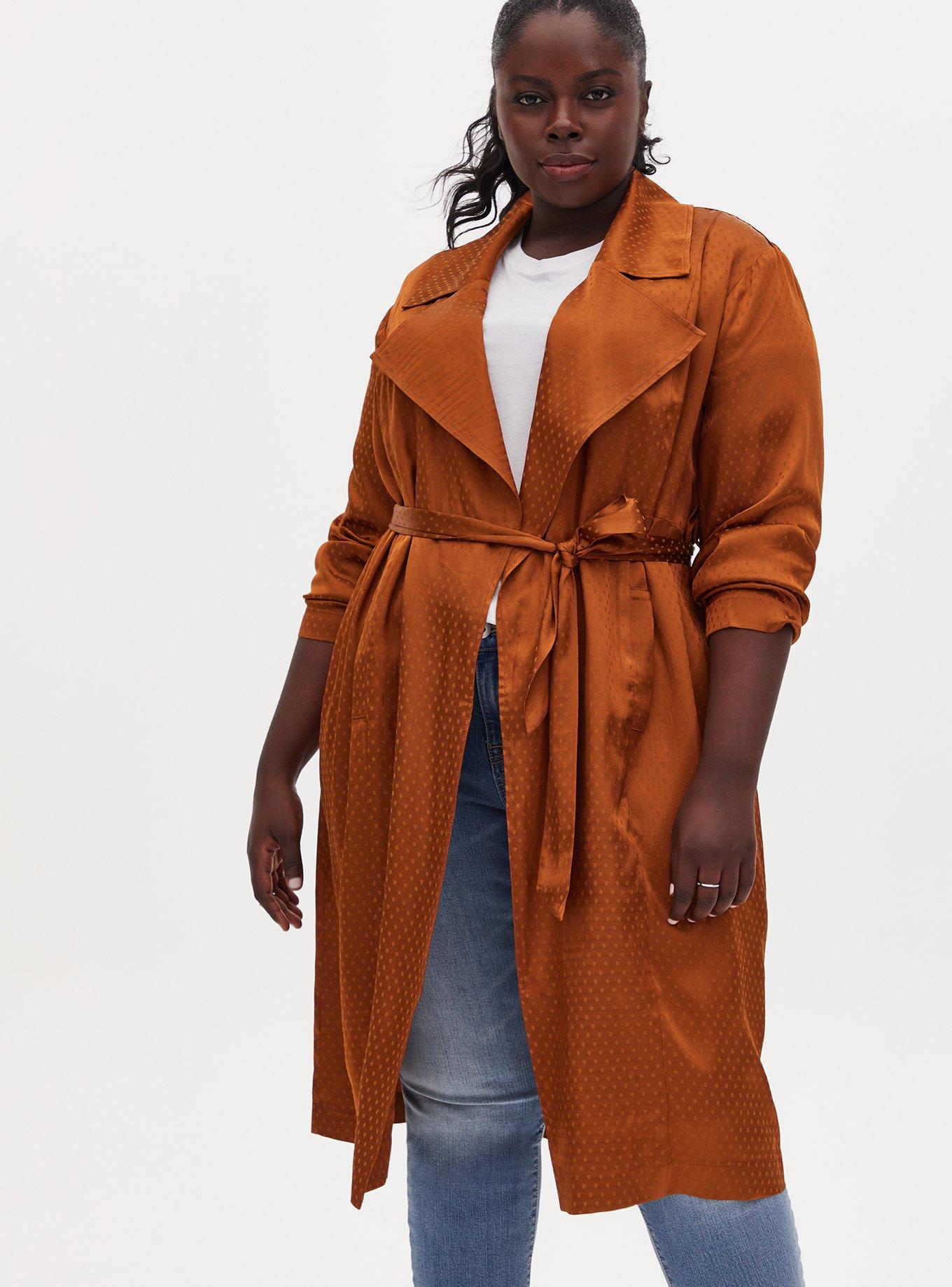 Plus Size - Jacquard Self Tie Trench Jacket -