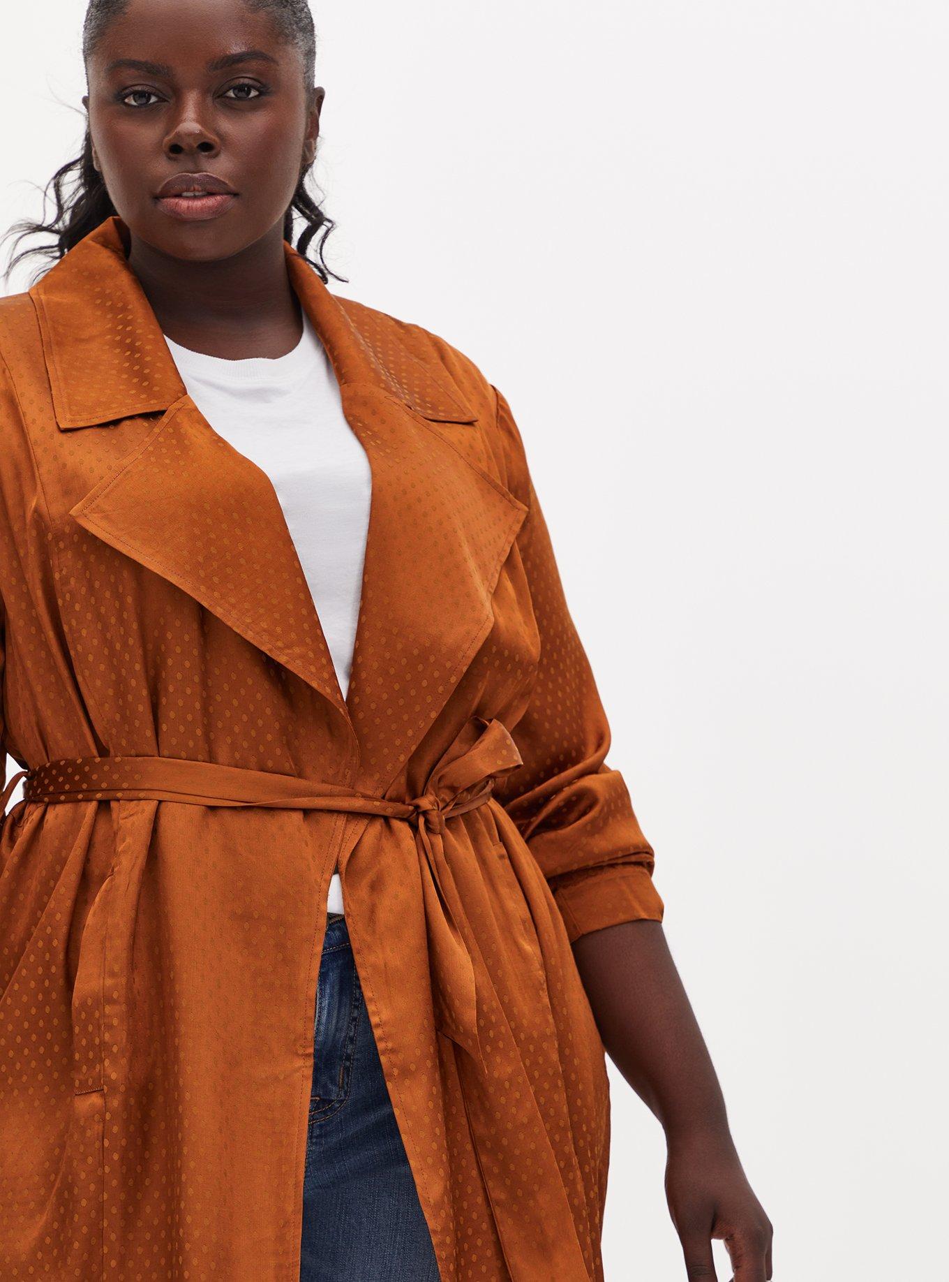 Plus Size Copper Dotted Jacquard Self Tie Trench Jacket, COPPER, alternate