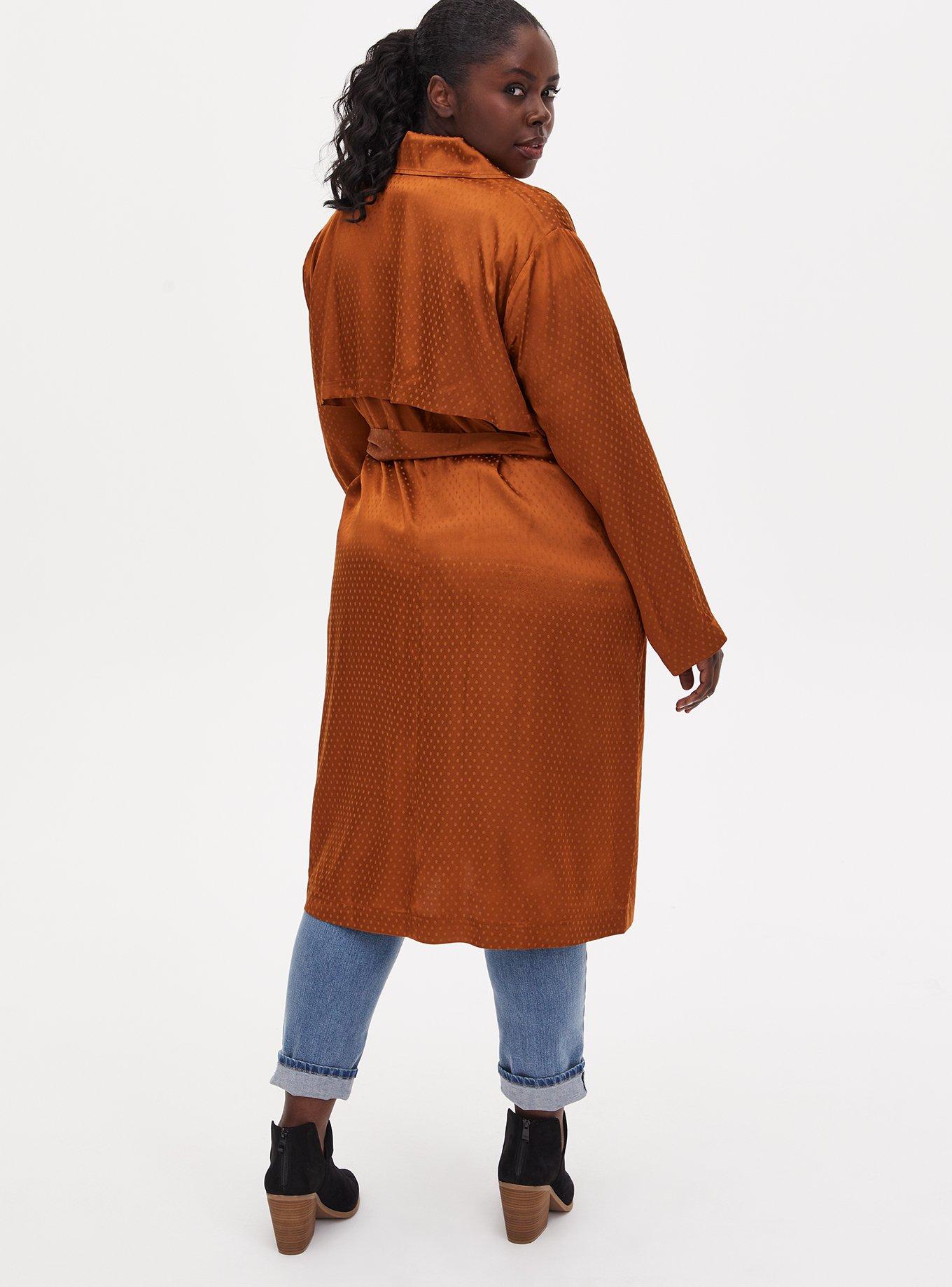 Plus Size - Copper Dotted Jacquard Self Tie Trench Jacket