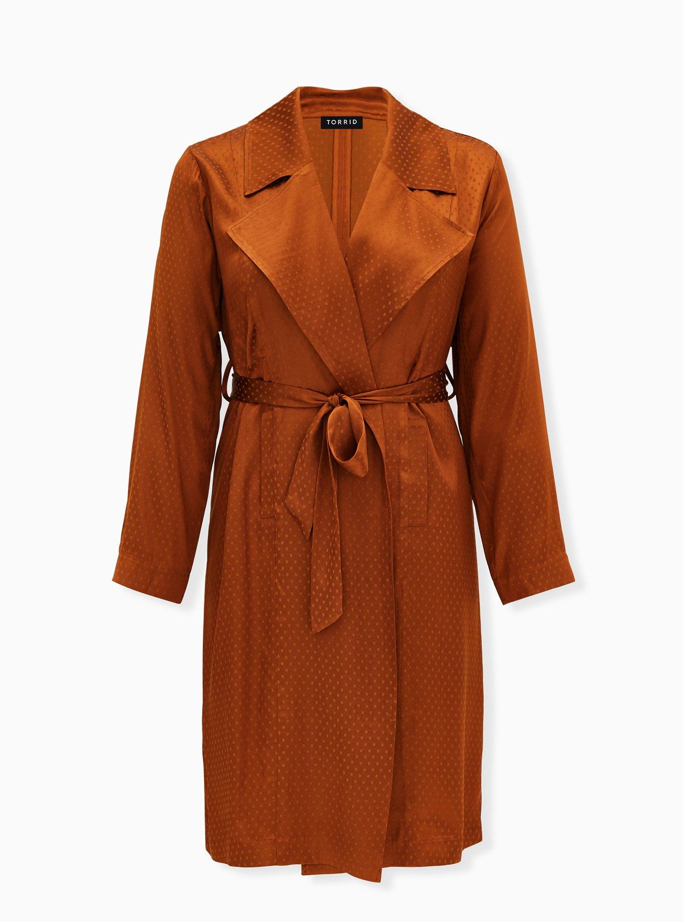 Plus Size Copper Dotted Jacquard Self Tie Trench Jacket, , hi-res