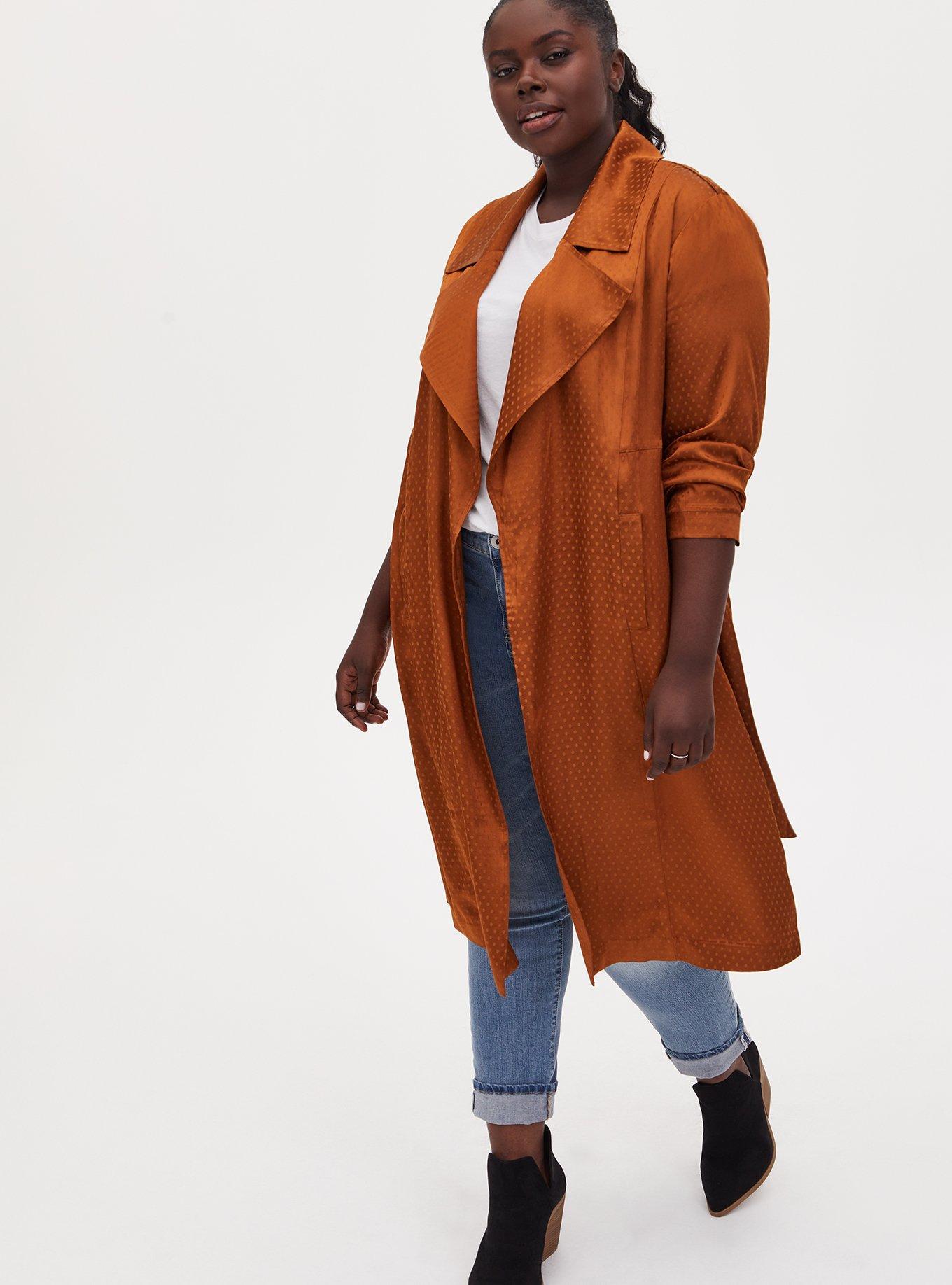 Plus Size - Copper Dotted Jacquard Self Tie Trench Jacket