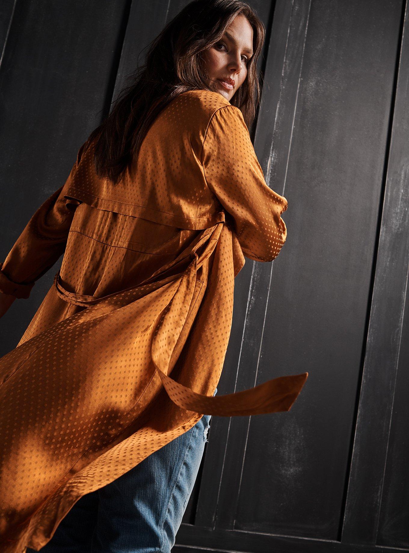 Plus Size Copper Dotted Jacquard Self Tie Trench Jacket, , hi-res