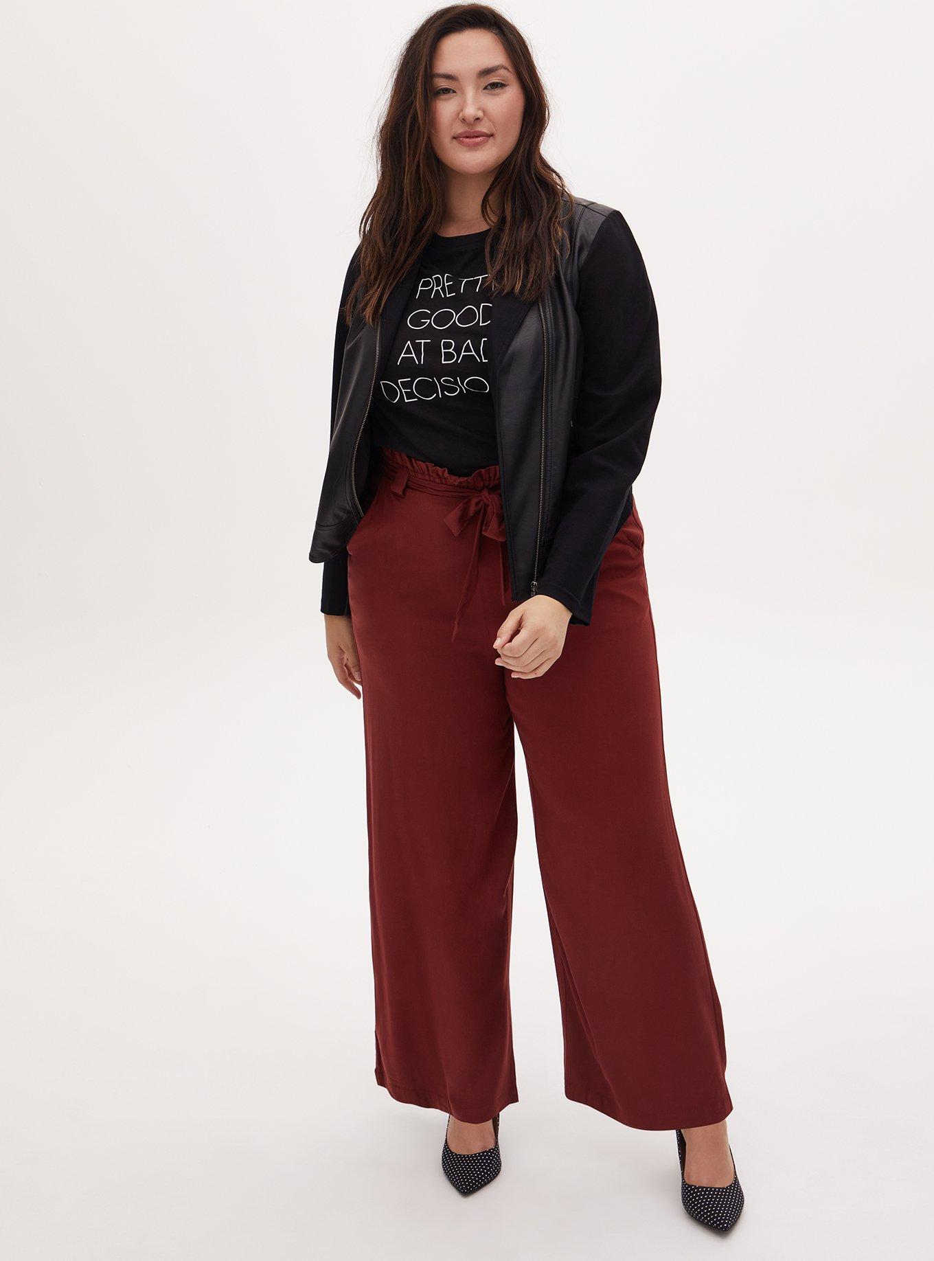 Plus Size Rust Red Twill Self Tie Paperbag Waist Wide Leg Pant, BROWN, alternate