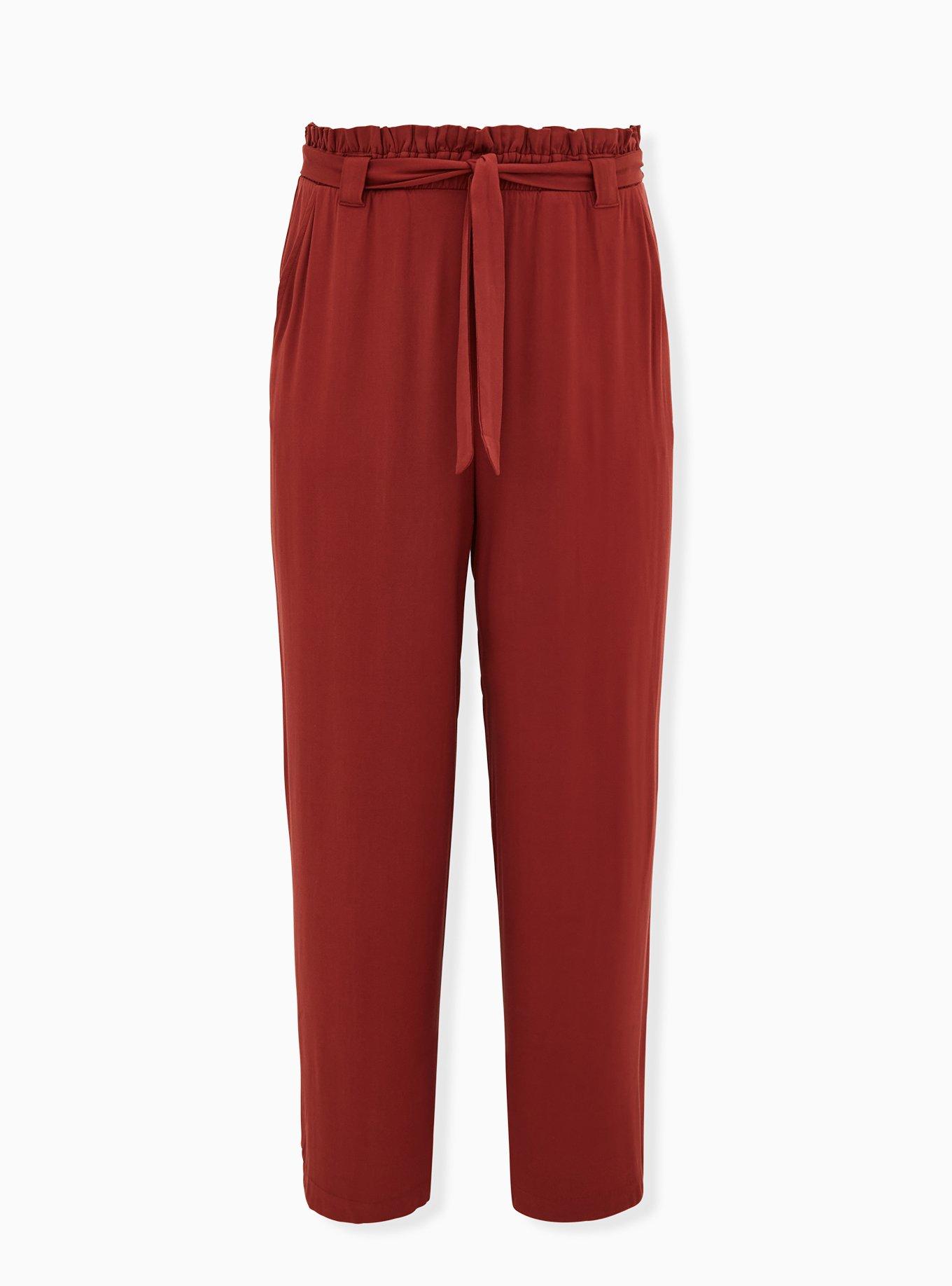 Plus Size Rust Red Twill Self Tie Paperbag Waist Wide Leg Pant, BROWN, hi-res