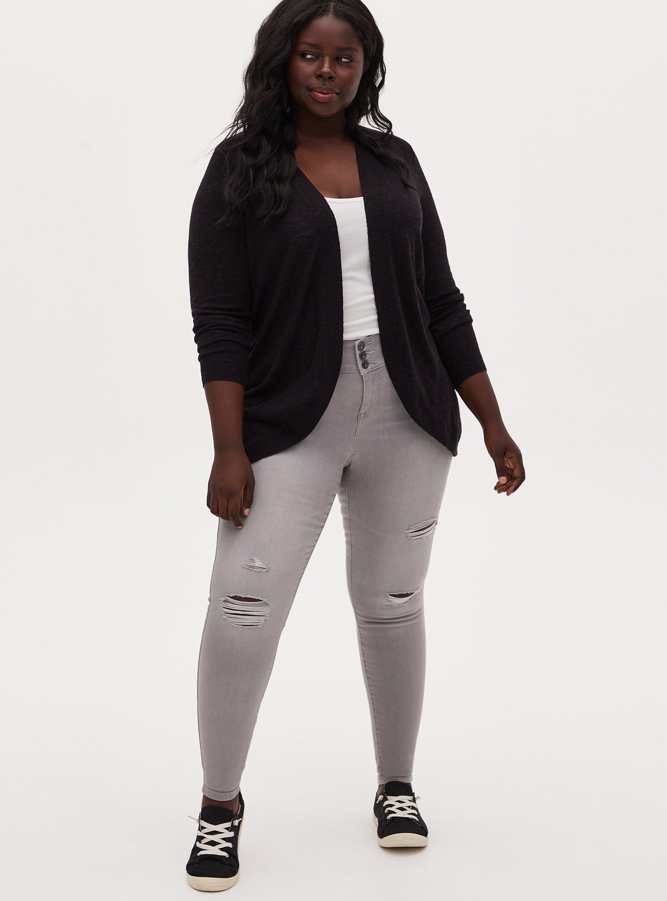 Plus Size Slub Cardigan Curve Front Sweater, INK, alternate