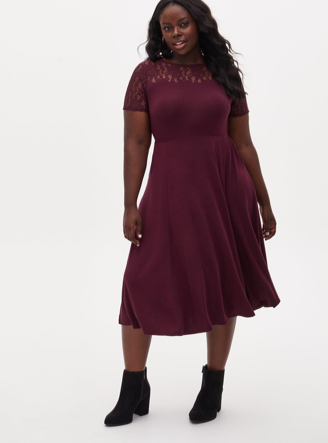 Plus Size Super Soft Lace Burgundy Purple Midi Dress Torrid