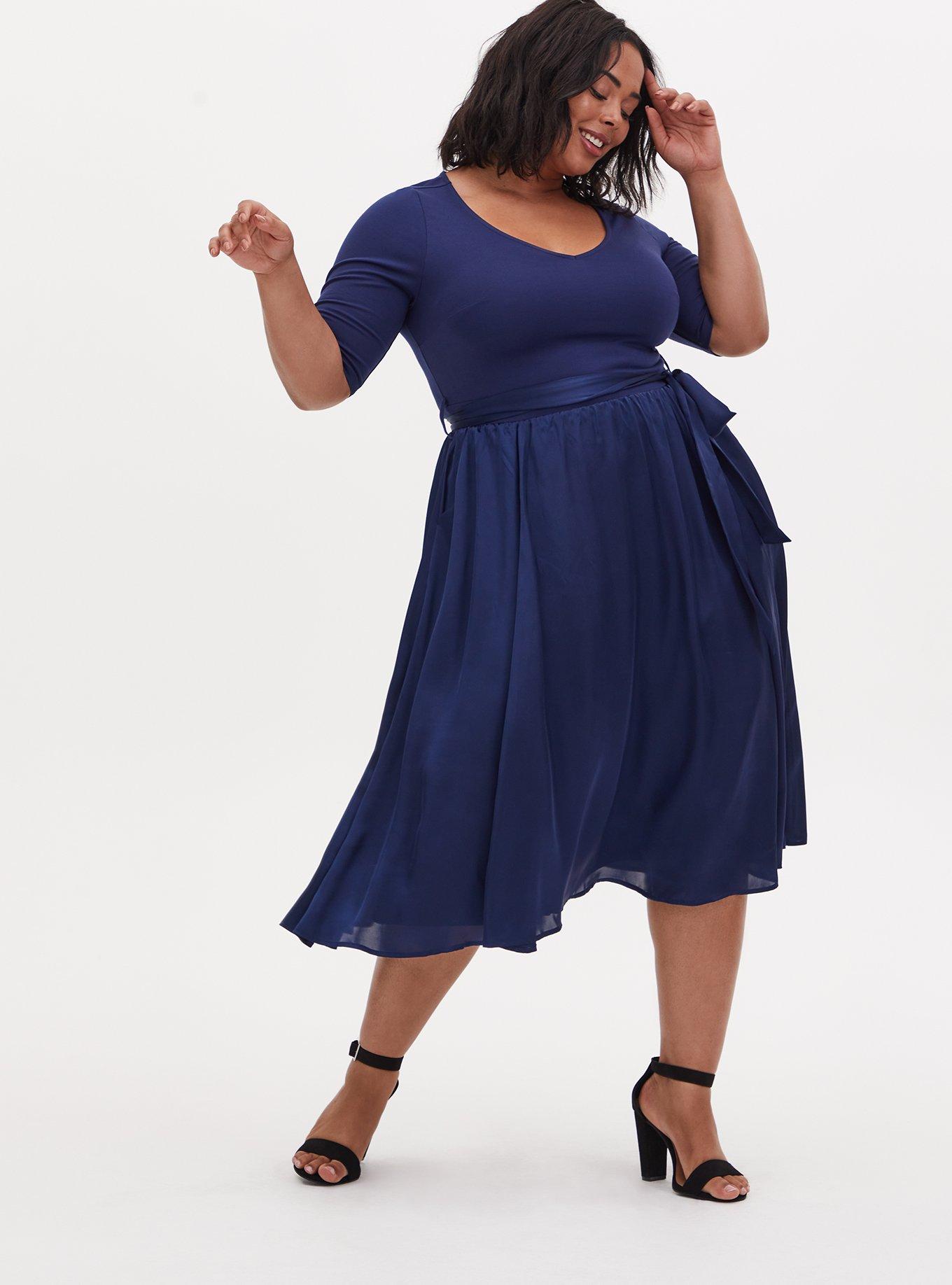 Plus Size Navy Knit to Woven Self Tie Midi Dress Torrid