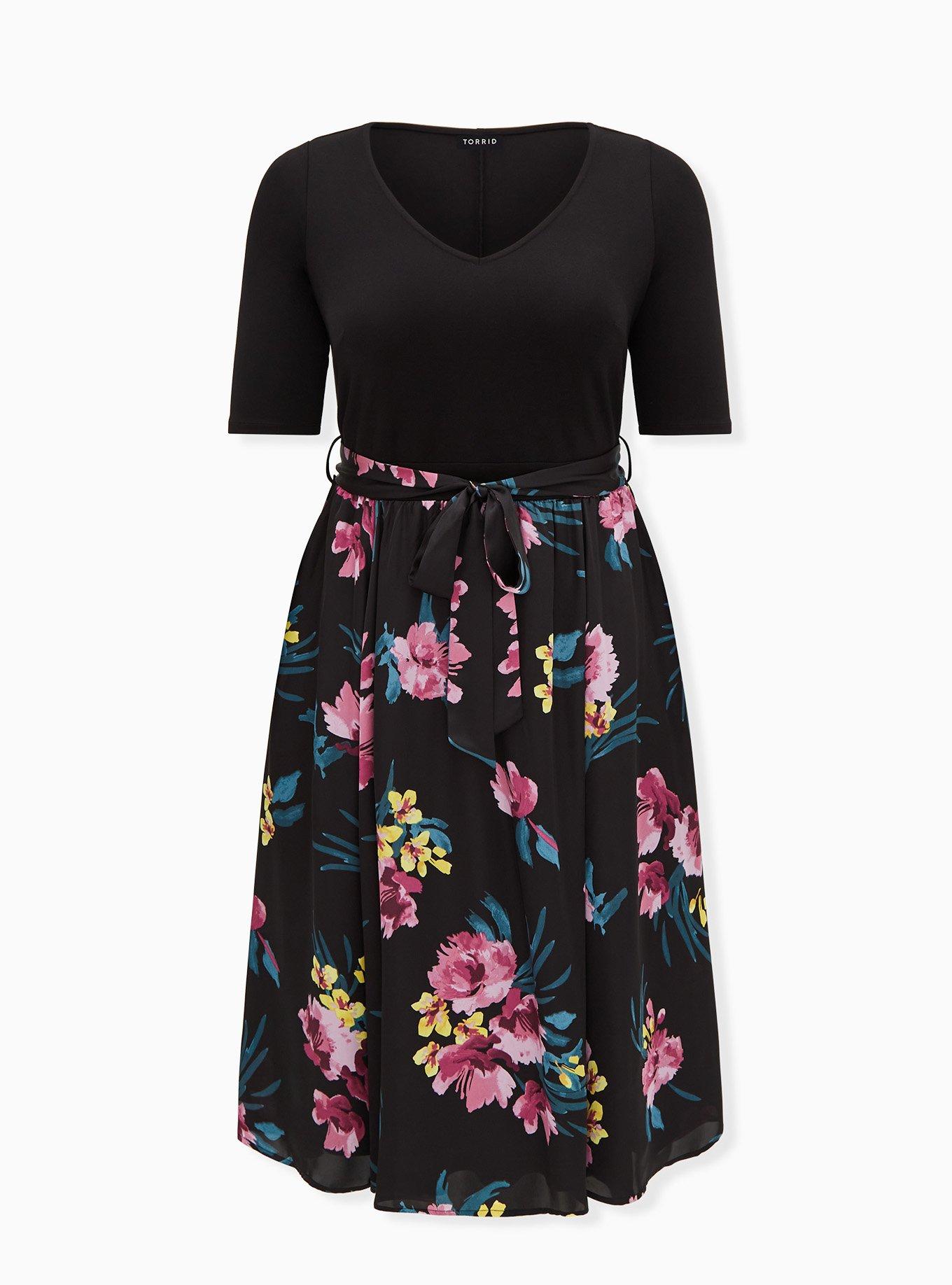 Plus Size - Black Floral Knit to Woven Self Tie Midi Dress - Torrid