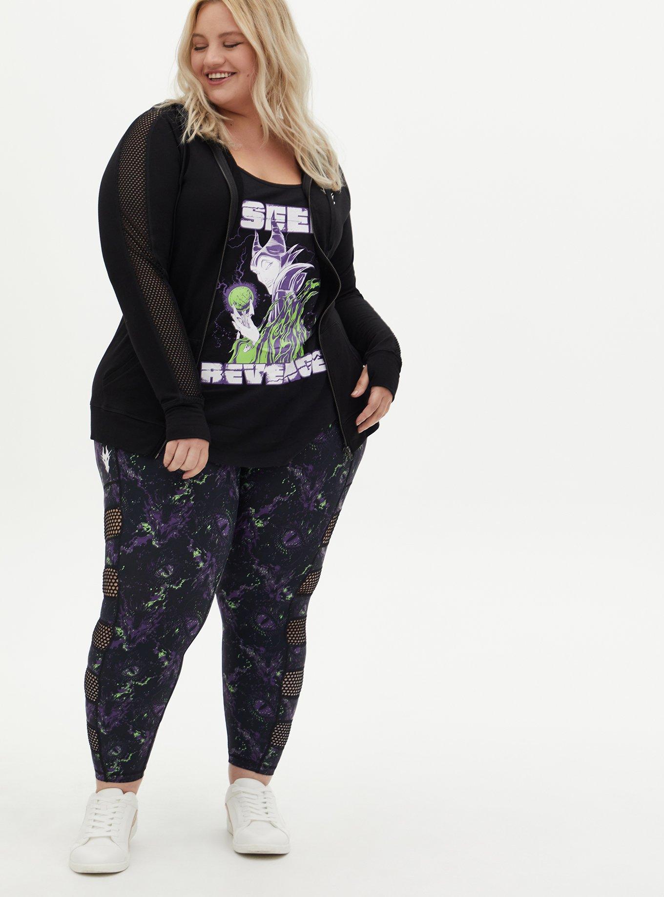 Plus Size Disney Sleeping Beauty Maleficent Black Mesh Shoulder Active Zip Hoodie , DEEP BLACK, alternate