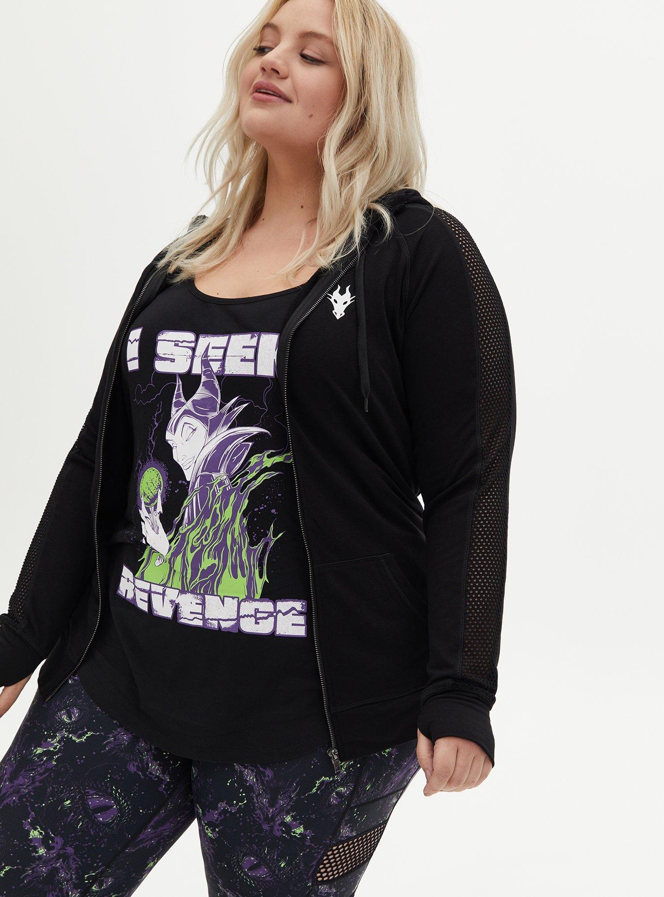 Plus Size Disney Sleeping Beauty Maleficent Black Mesh Shoulder Active Zip Hoodie , DEEP BLACK, alternate