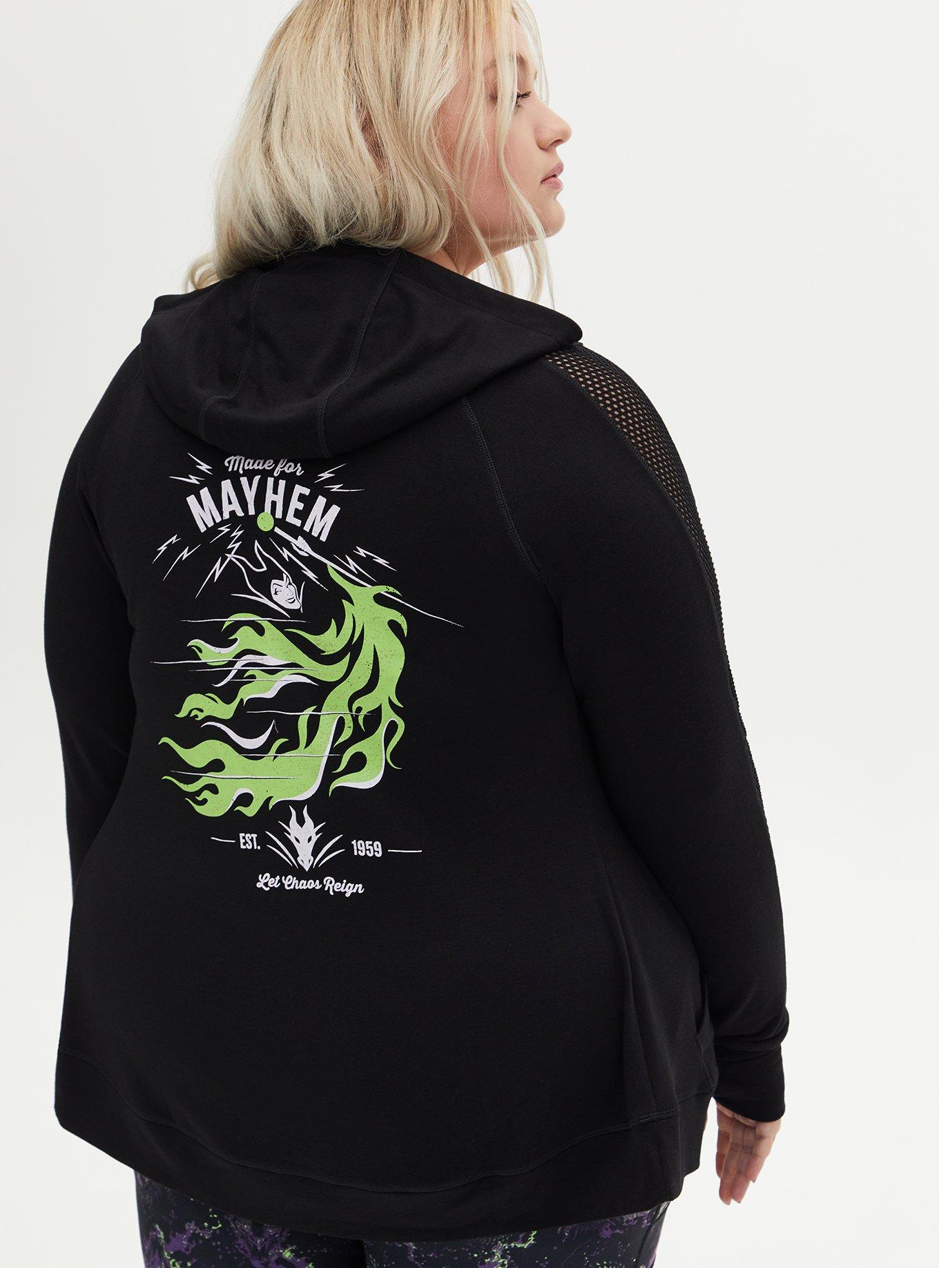 Plus Size Disney Sleeping Beauty Maleficent Black Mesh Shoulder Active Zip Hoodie , DEEP BLACK, hi-res