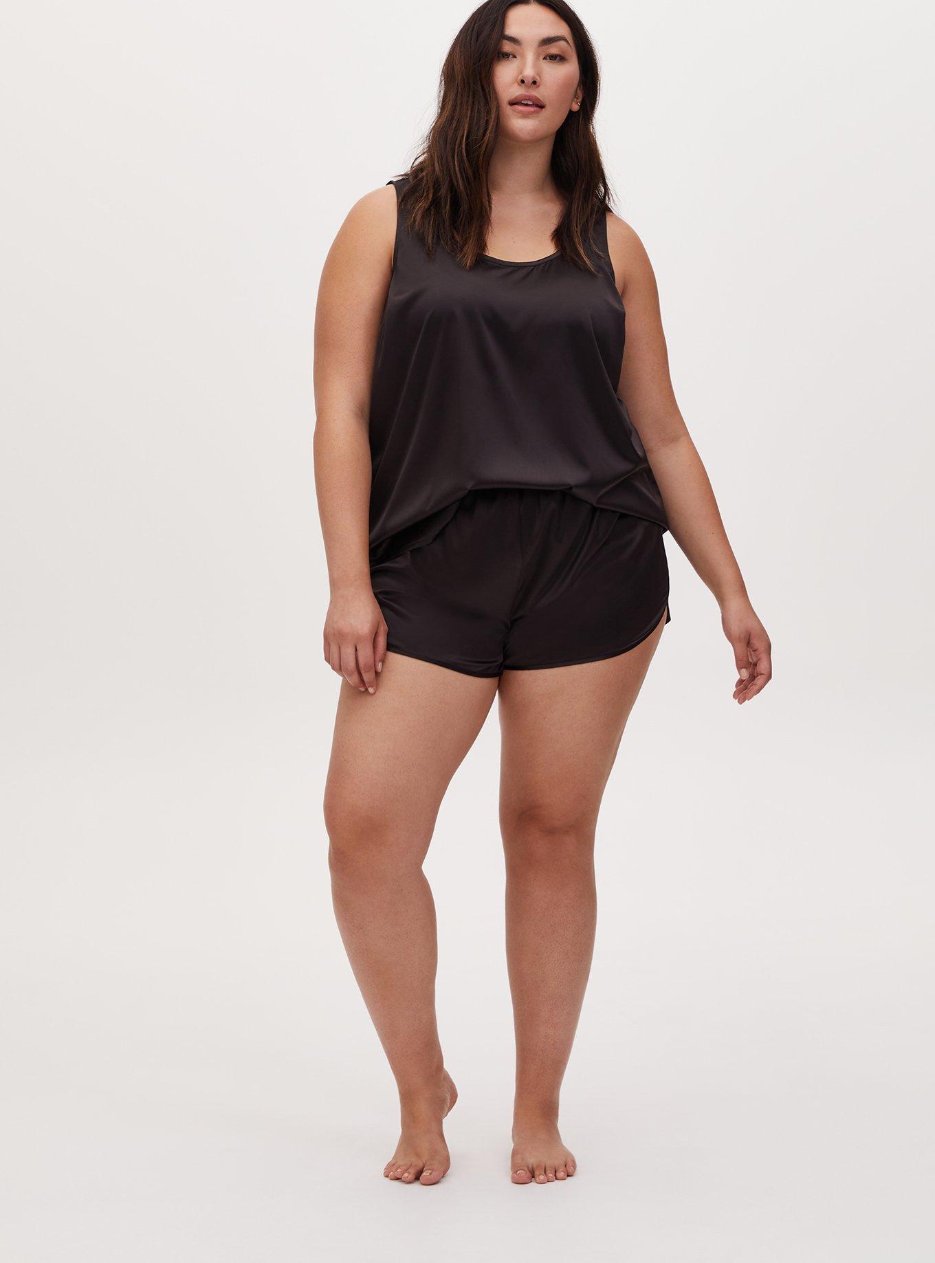 Plus Size Black Satin Scoop Neck Sleep Tank, DEEP BLACK, alternate