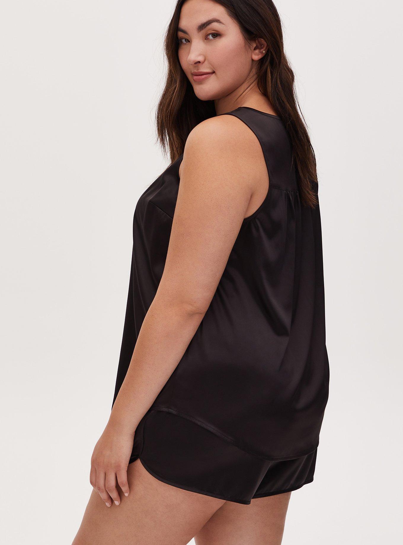 Plus Size Black Satin Scoop Neck Sleep Tank, DEEP BLACK, alternate