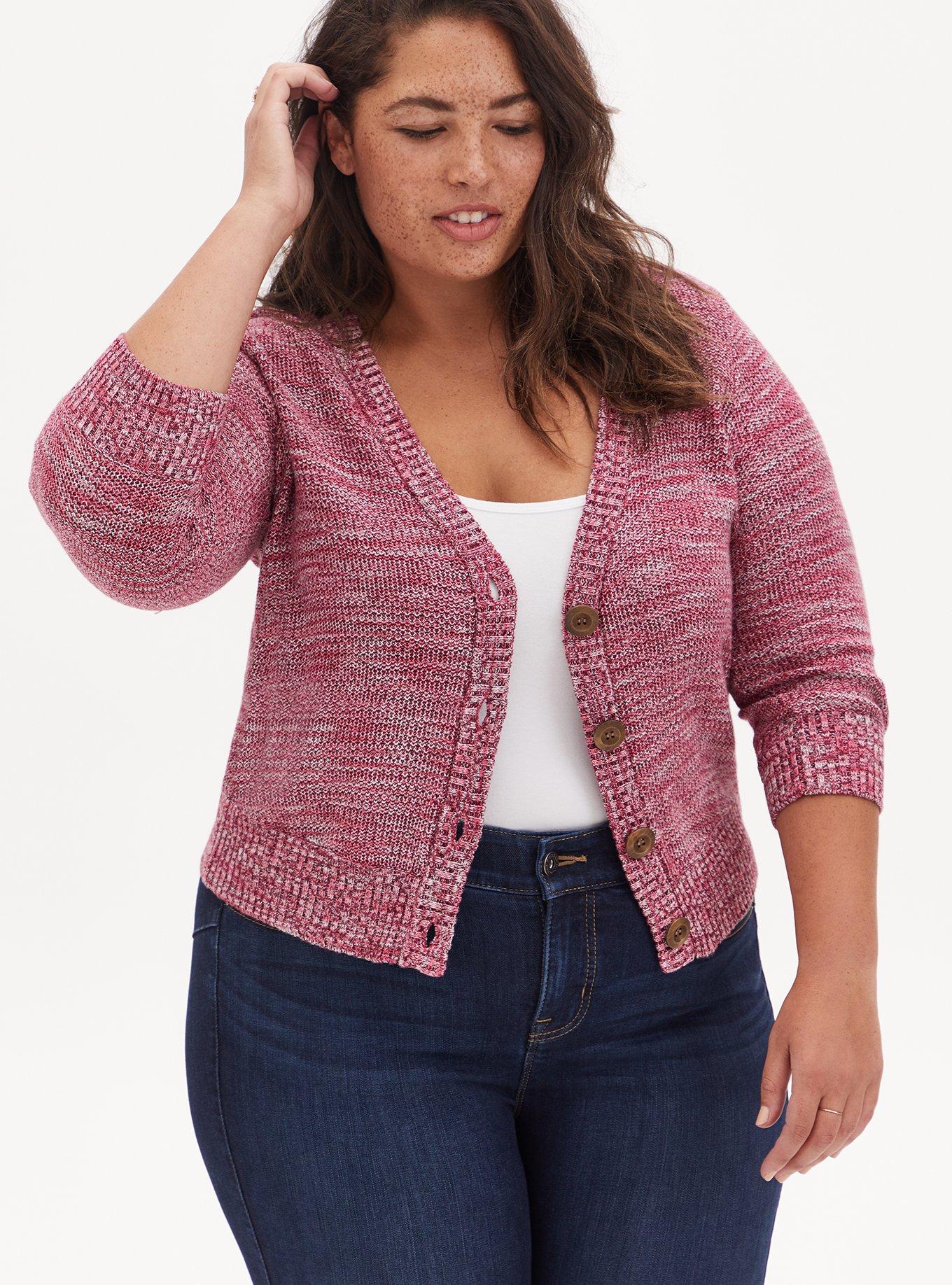Red Space-Dye Button Front Crop Cardigan, RED, hi-res
