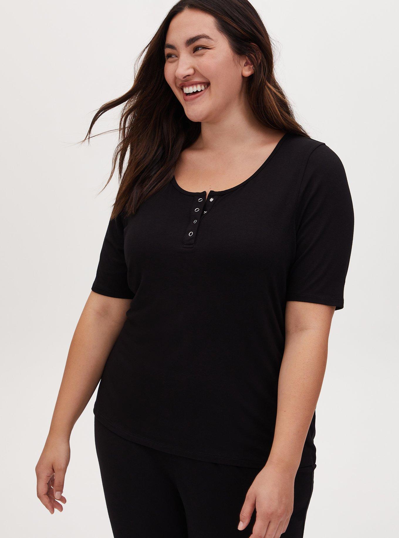 Plus Size Black Jersey Henley Sleep Tee, DEEP BLACK, hi-res