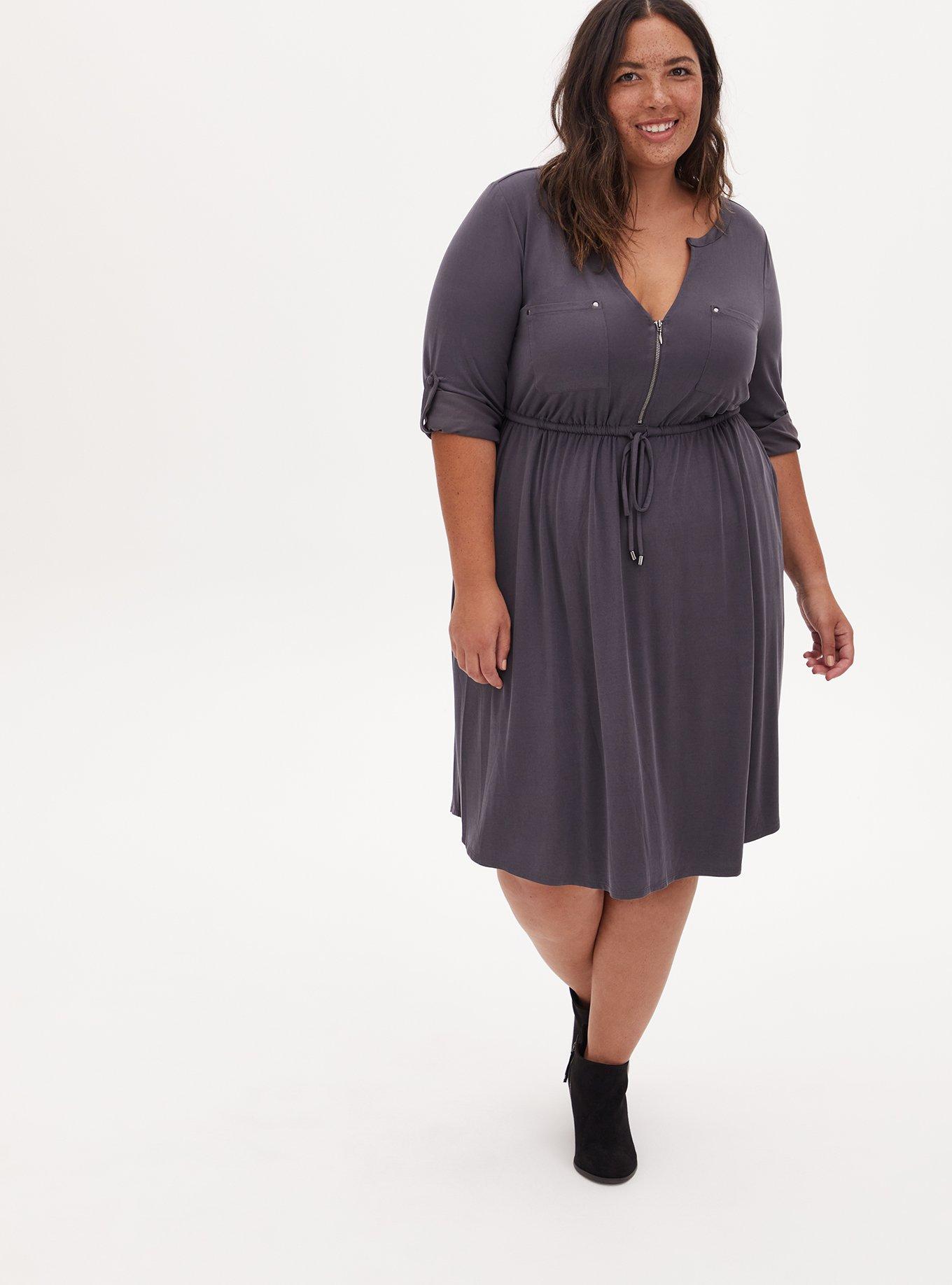 Dark Slate Grey Cupro Zip Front Drawstring Shirt Dress, NINE IRON, hi-res