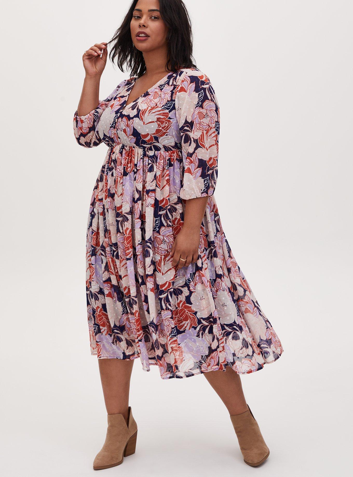 Plus Size - Navy Floral Swiss Dot Button Down Tea Length Dress - Torrid