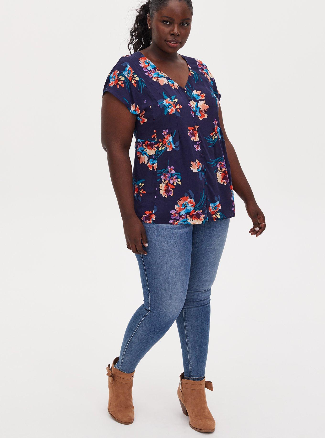 Navy Floral Challis Button Fit & Flare Blouse, FLORAL BLUE, alternate