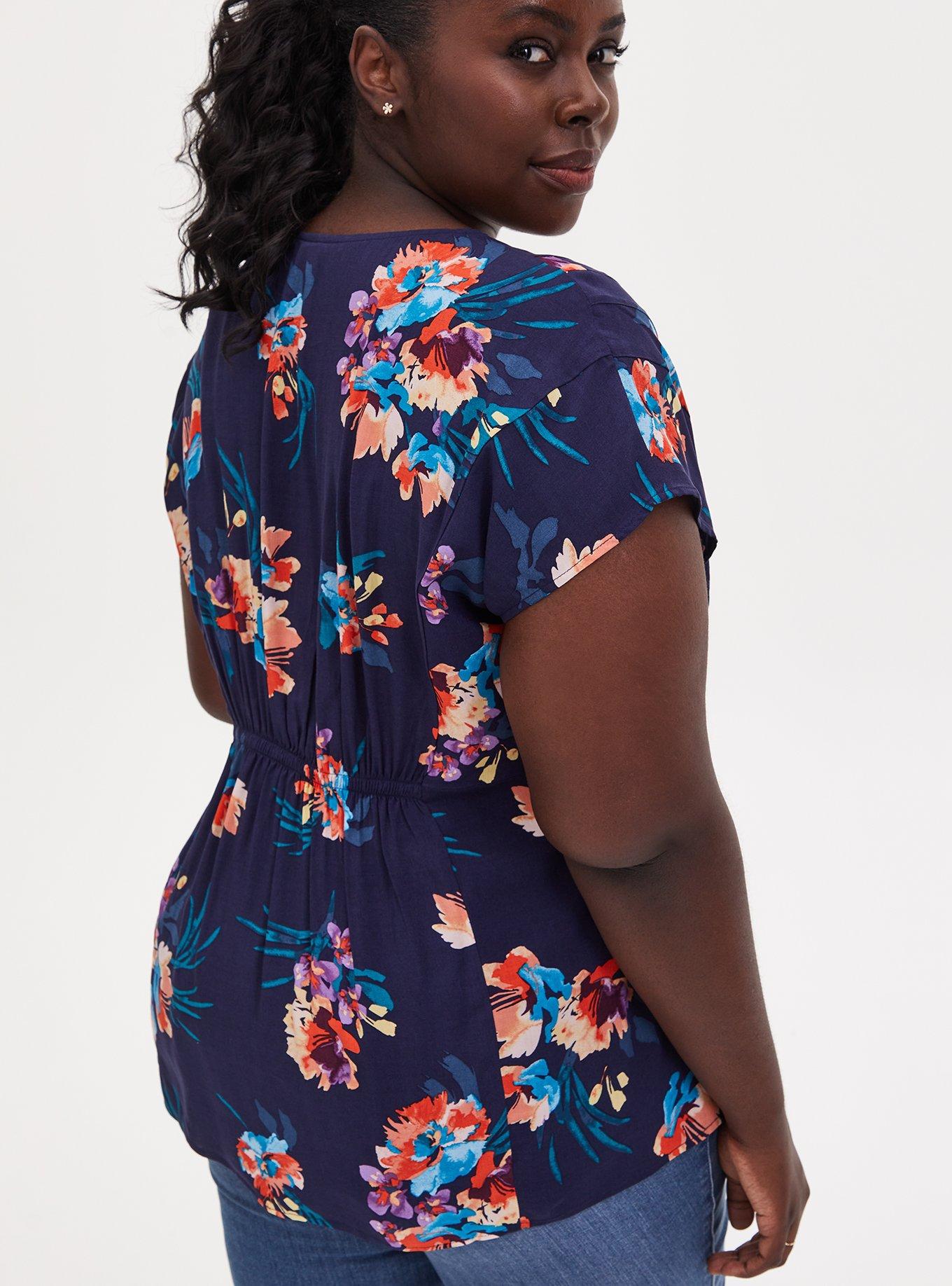 Navy Floral Challis Button Fit & Flare Blouse, FLORAL BLUE, alternate