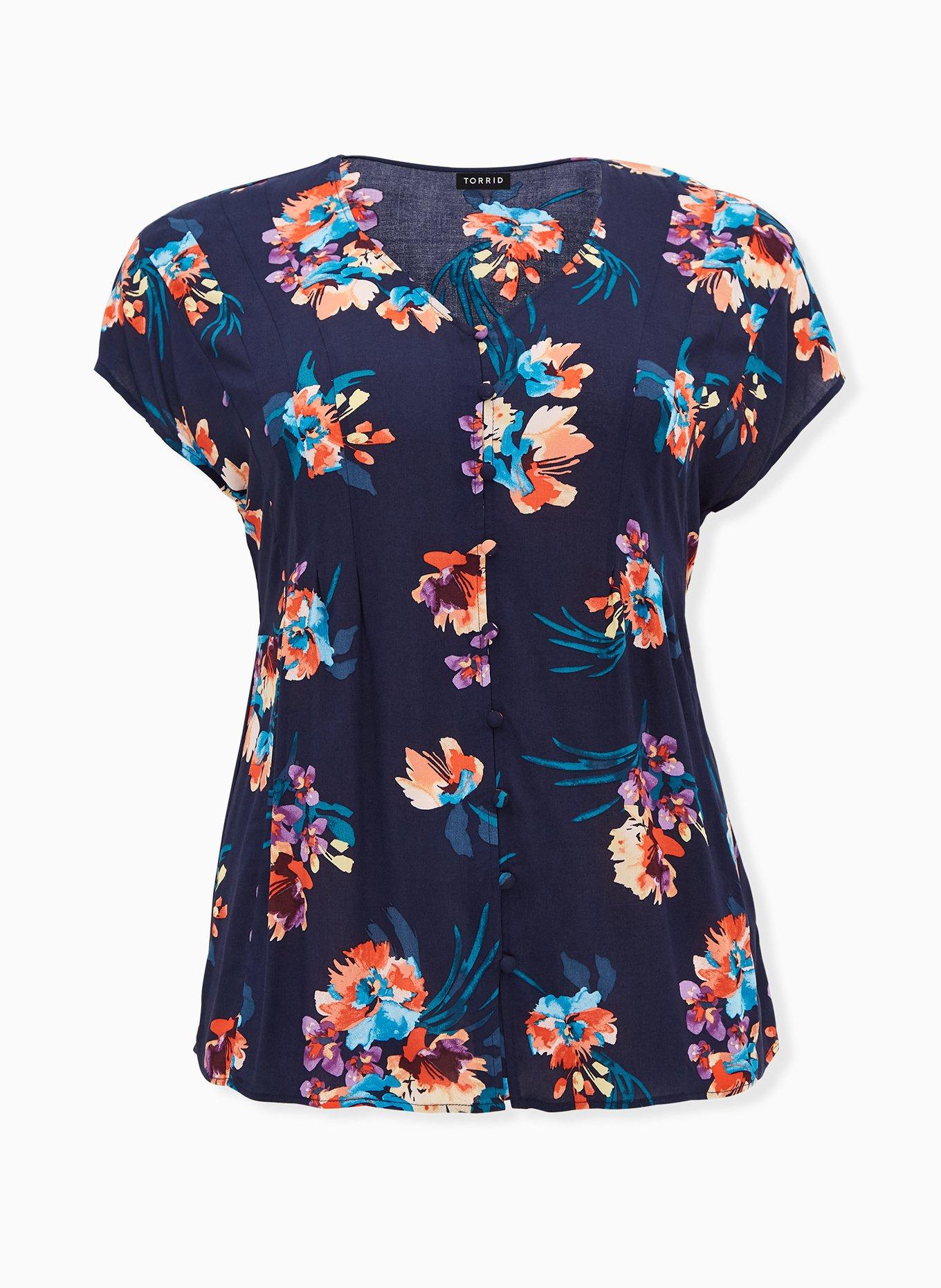 Navy Floral Challis Button Fit & Flare Blouse, FLORAL BLUE, hi-res