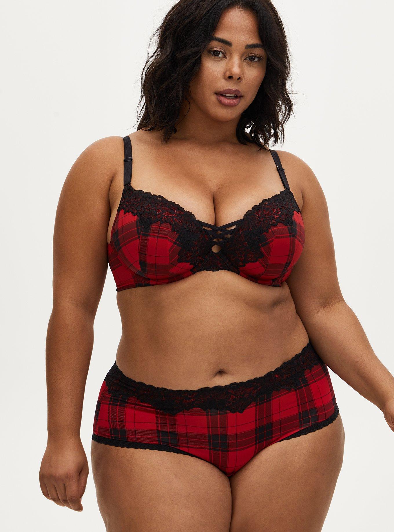 Red Plaid 360&deg; Back Smoothing&trade; XO Push-Up Plunge Bra, SPLATTER PLAID, alternate