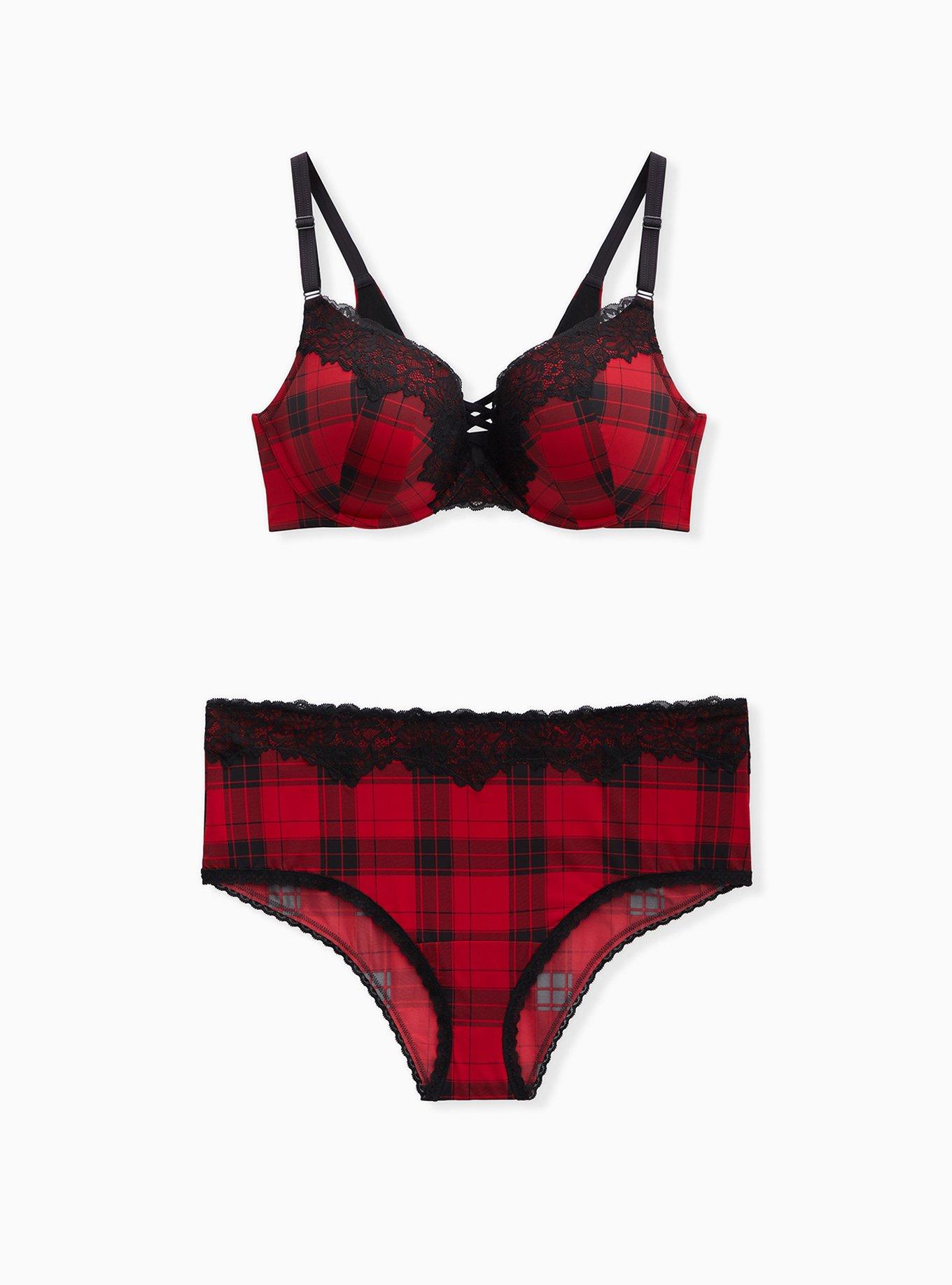 Red Plaid 360&deg; Back Smoothing&trade; XO Push-Up Plunge Bra, SPLATTER PLAID, alternate