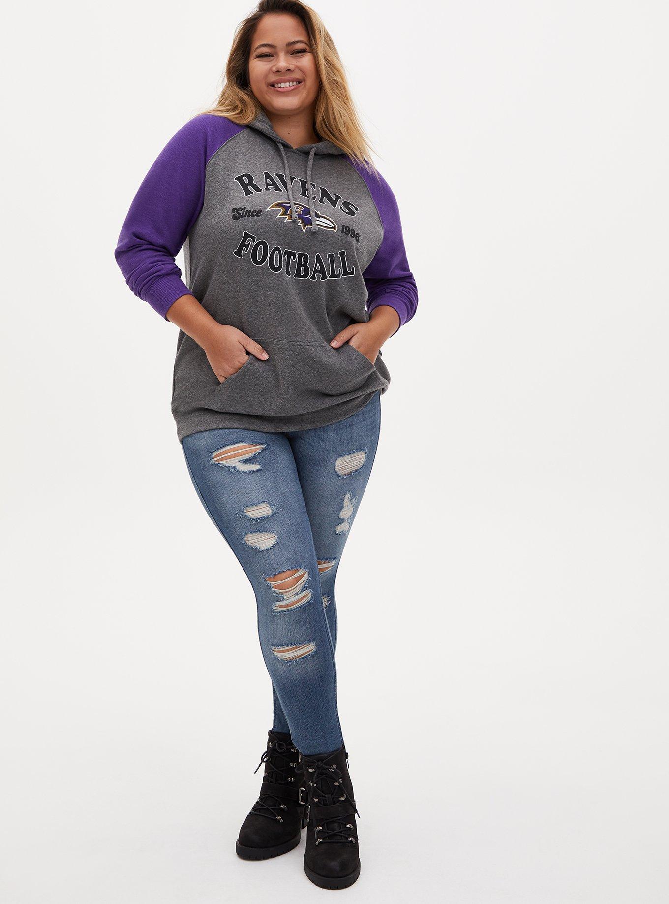 Plus Size NFL Baltimore Ravens Football Grey Purple Terry Raglan Hoodie Torrid