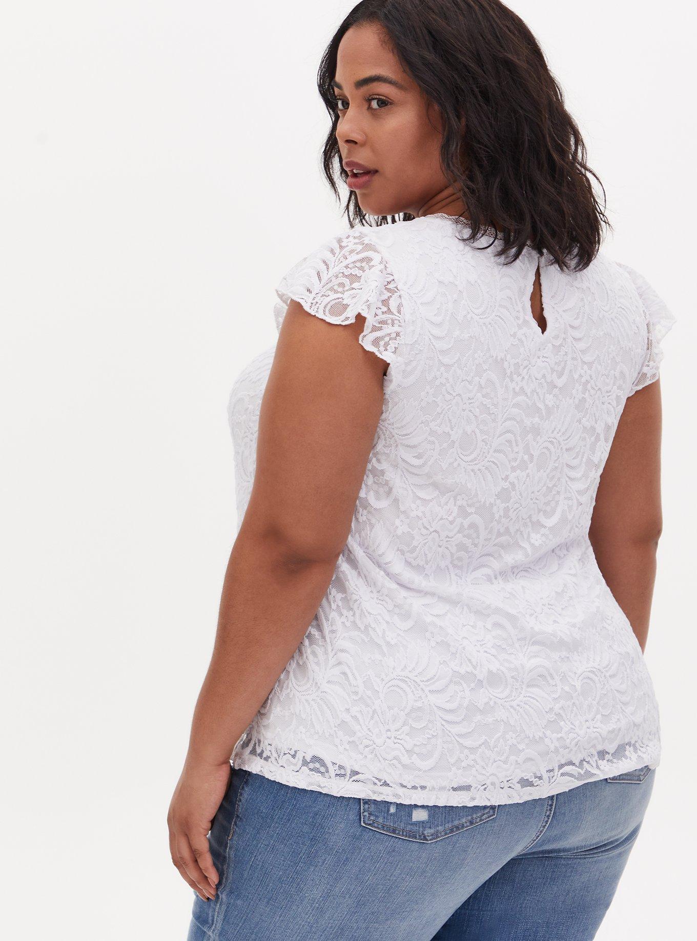 Plus Size White Lace Cap Sleeve Top, BRIGHT WHITE, alternate