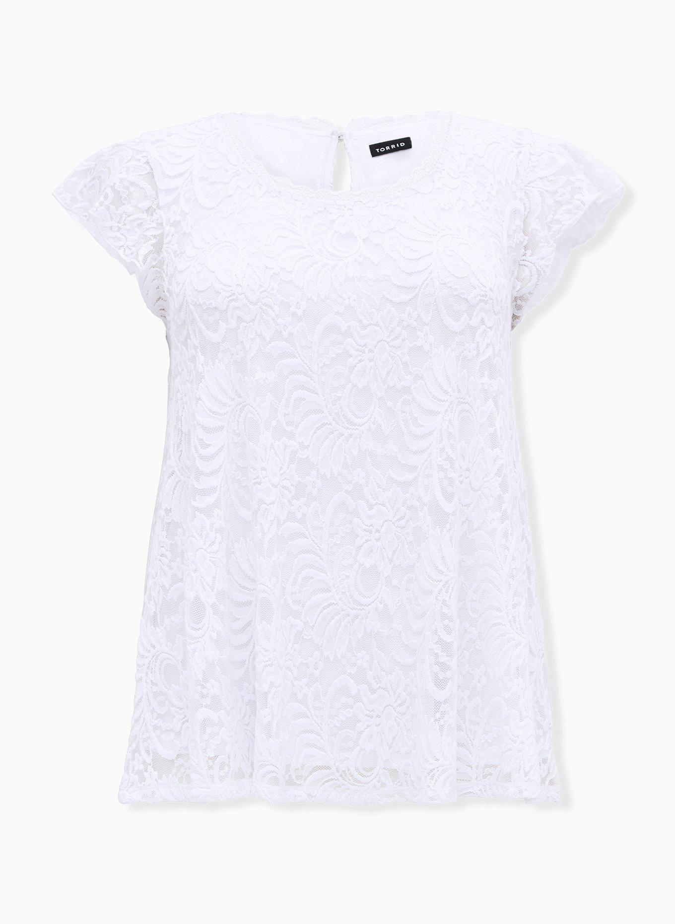 Plus Size White Lace Cap Sleeve Top, BRIGHT WHITE, hi-res