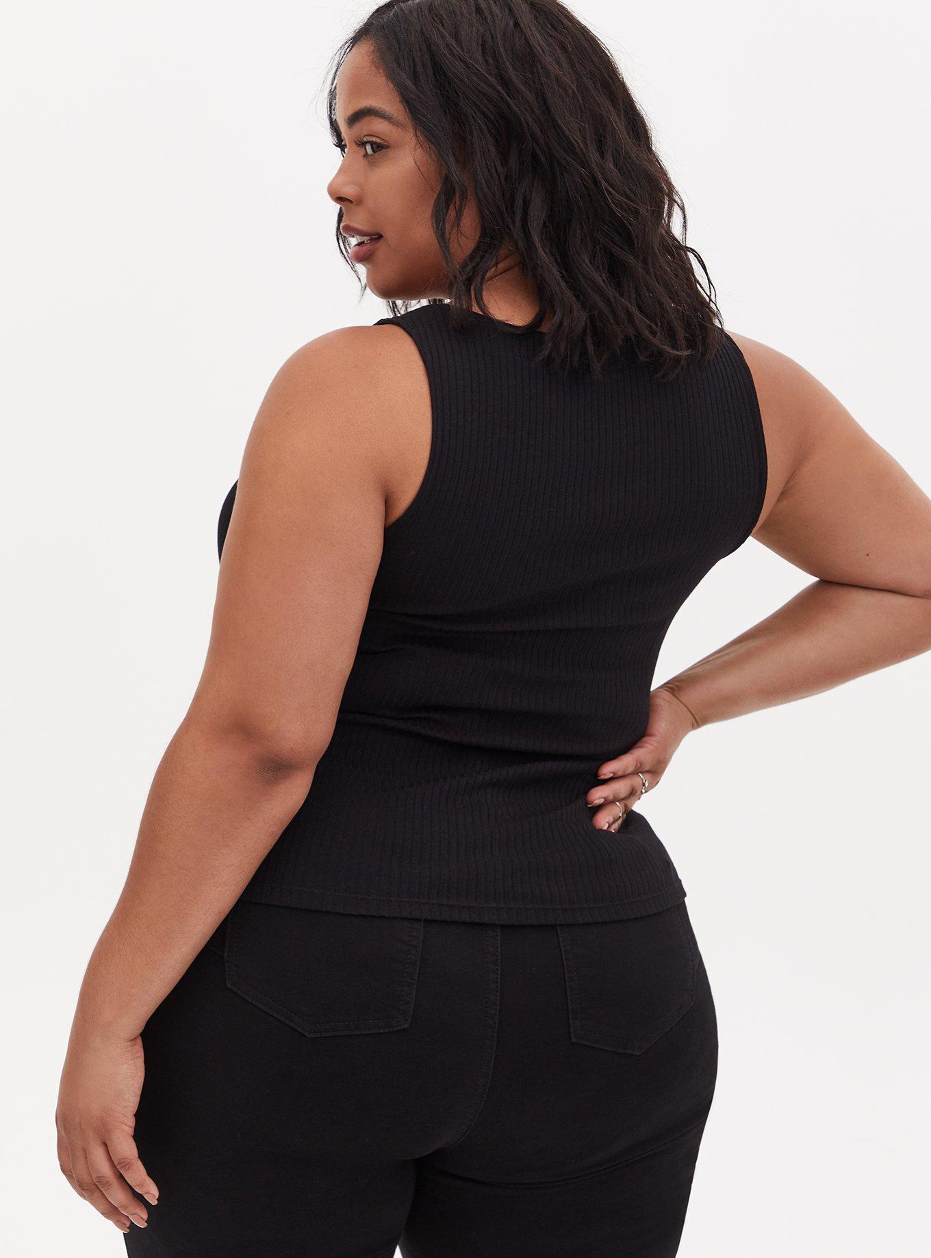 Plus Size Ribbed Snap Front Henley Midi Tank, DEEP BLACK, alternate