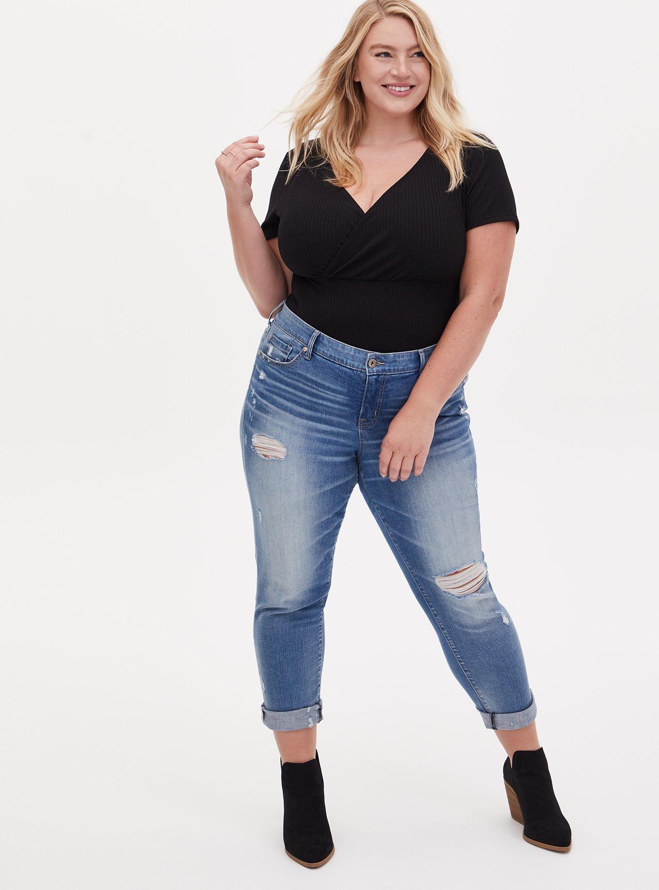 Plus Size Black Rib Surplice Tee, DEEP BLACK, alternate