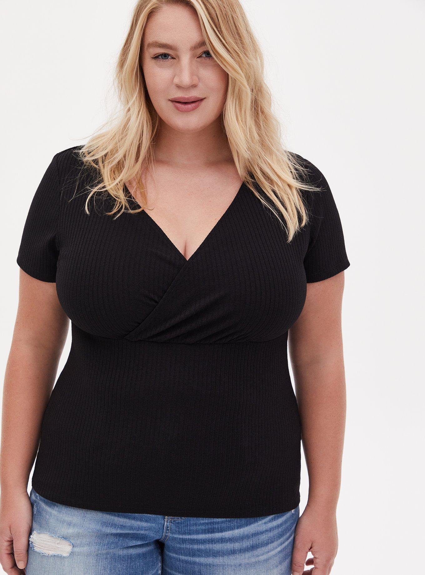 Plus Size Black Rib Surplice Tee, DEEP BLACK, alternate