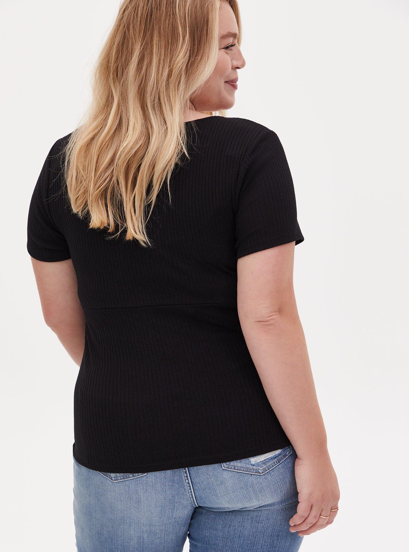 Plus Size Black Rib Surplice Tee, DEEP BLACK, alternate