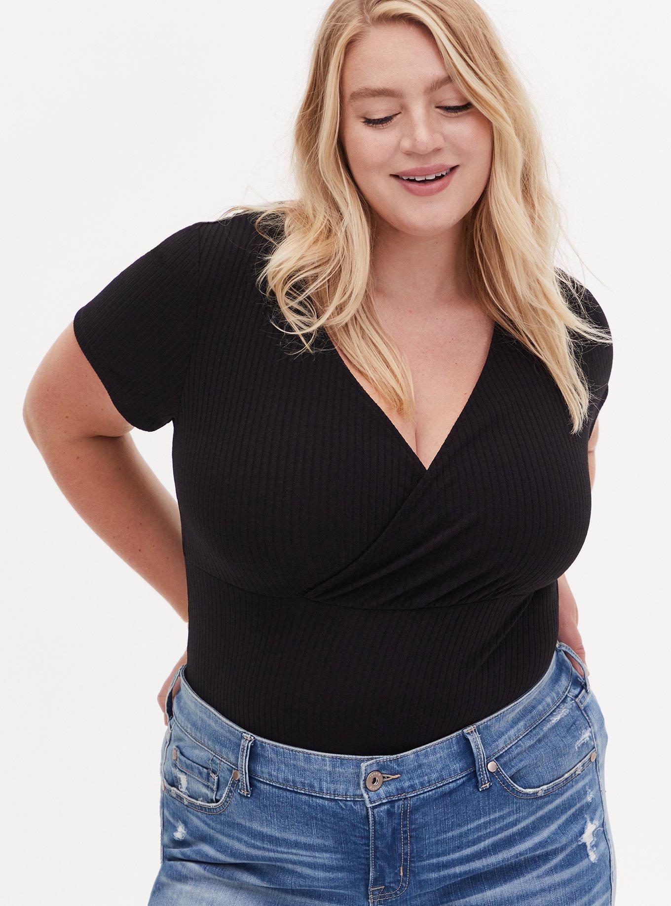 Plus Size Black Rib Surplice Tee, DEEP BLACK, hi-res