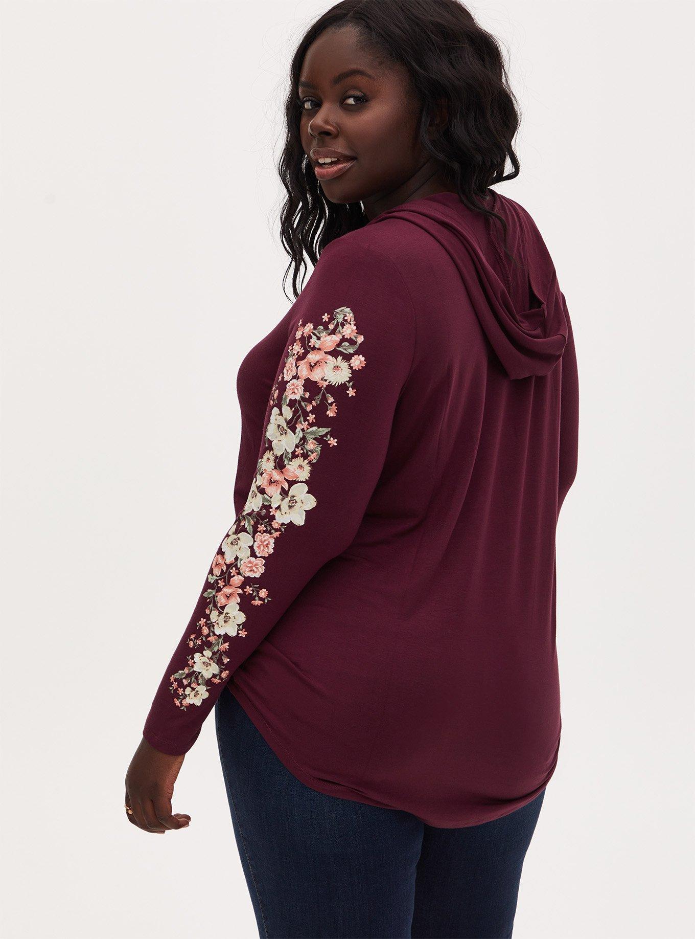 Plus Size Super Soft Burgundy Purple Floral Sleeve Tunic Hoodie Torrid