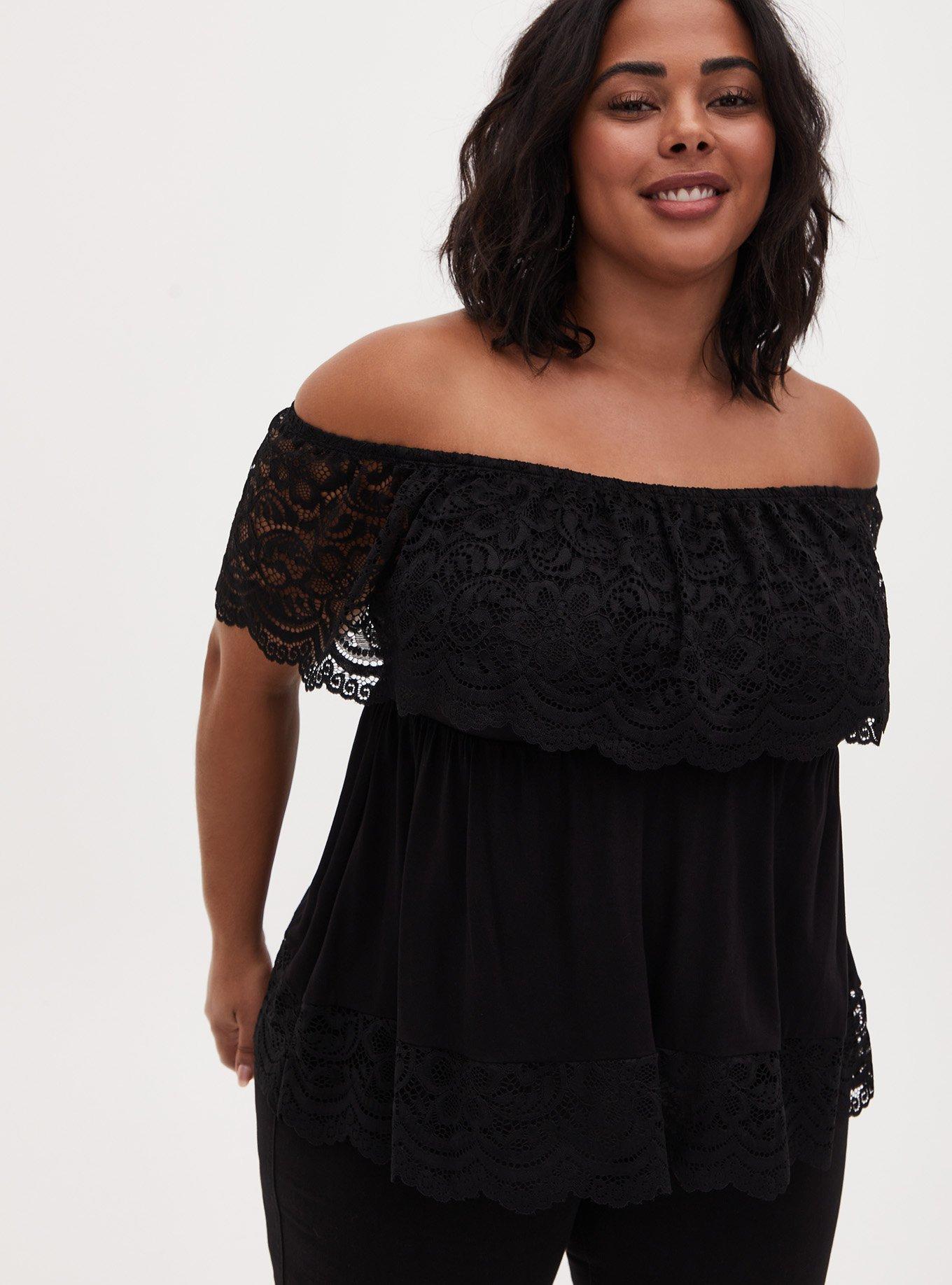 Plus Size Super Soft Lace Black Off Shoulder Top Torrid