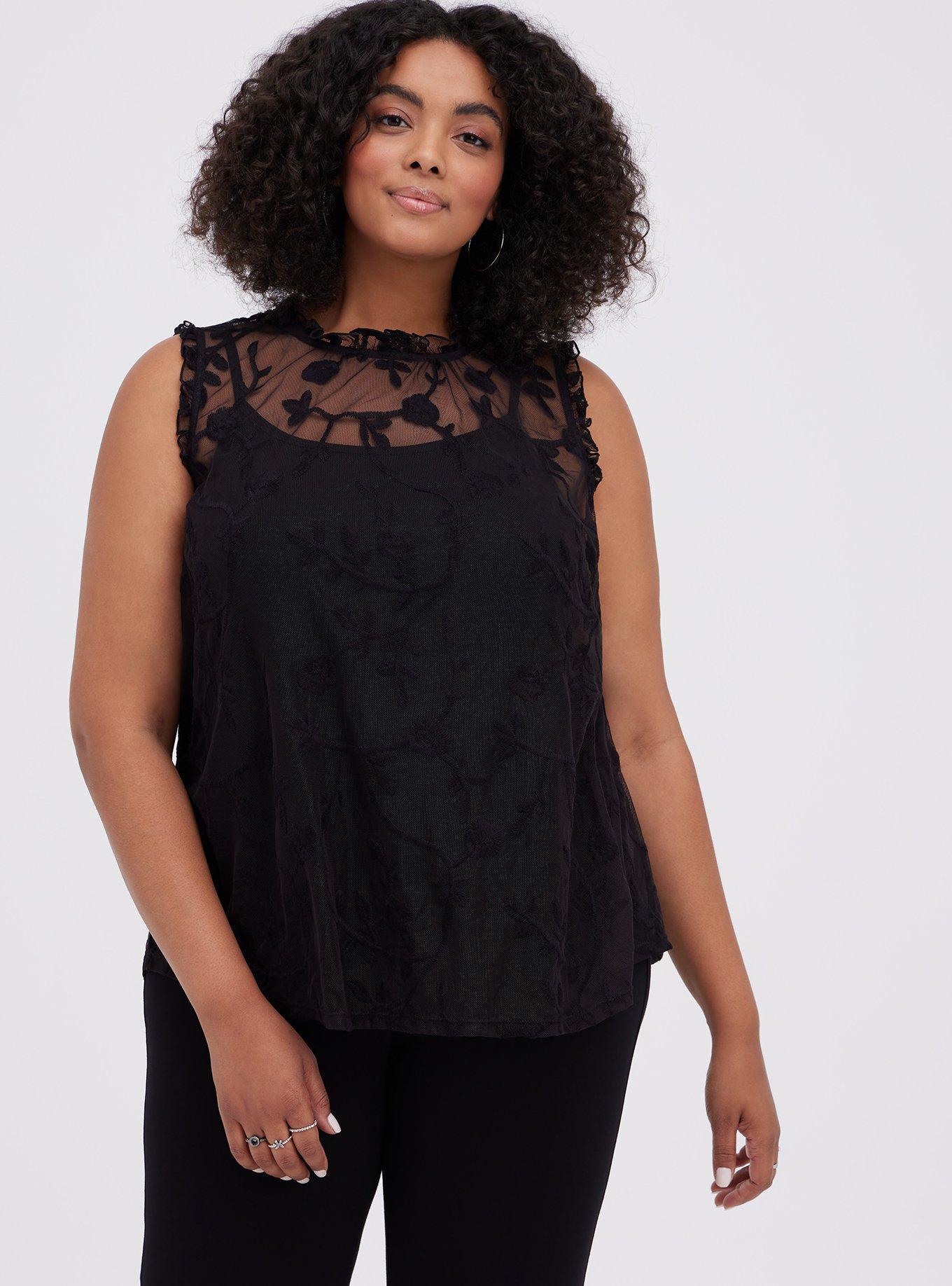 Plus Size Taupe Sheer Mesh Embroidered Ruffle Sleeveless Blouse, DEEP BLACK, hi-res