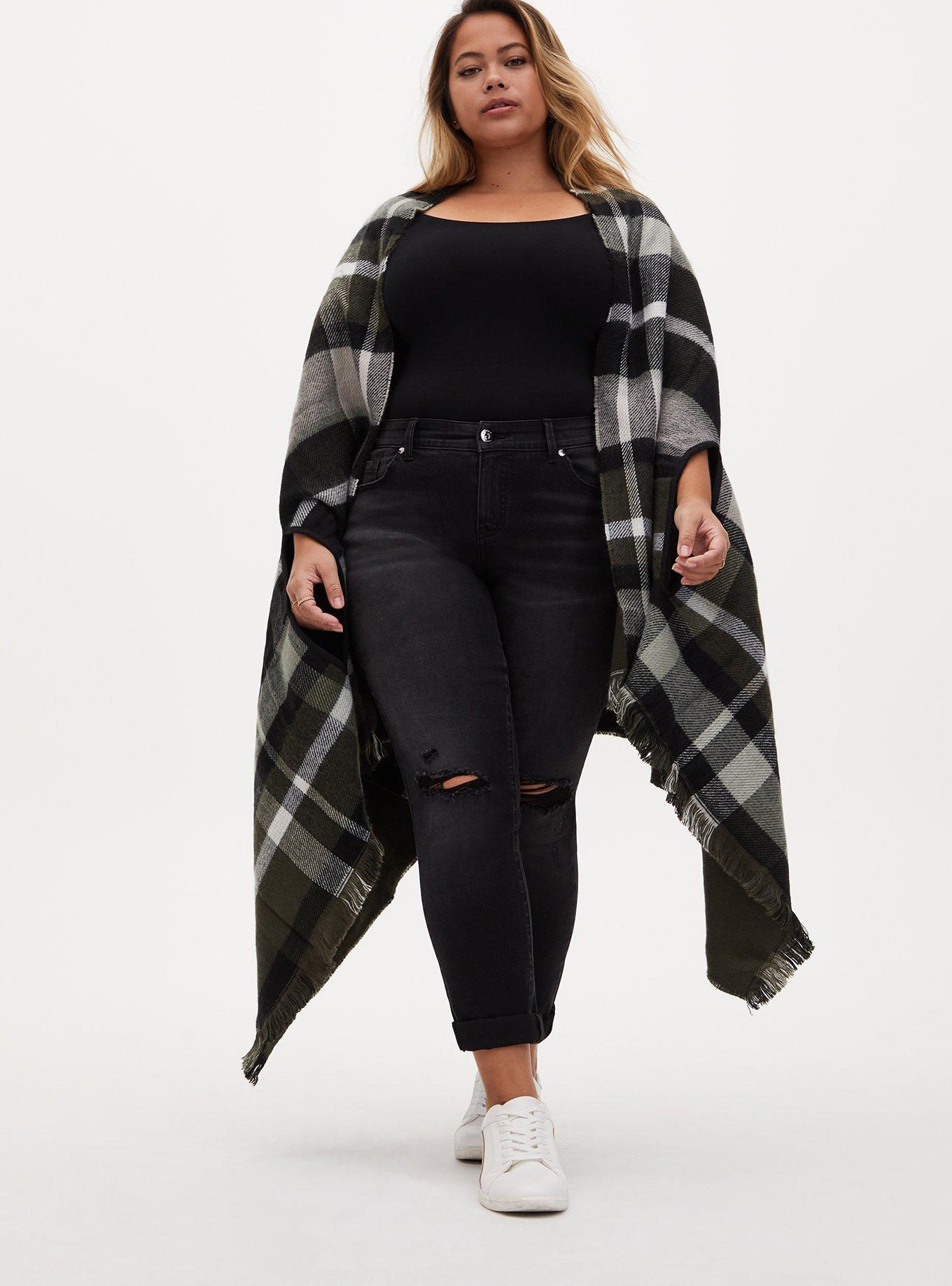Plus Size - Olive Green Plaid Fringe Ruana - Torrid