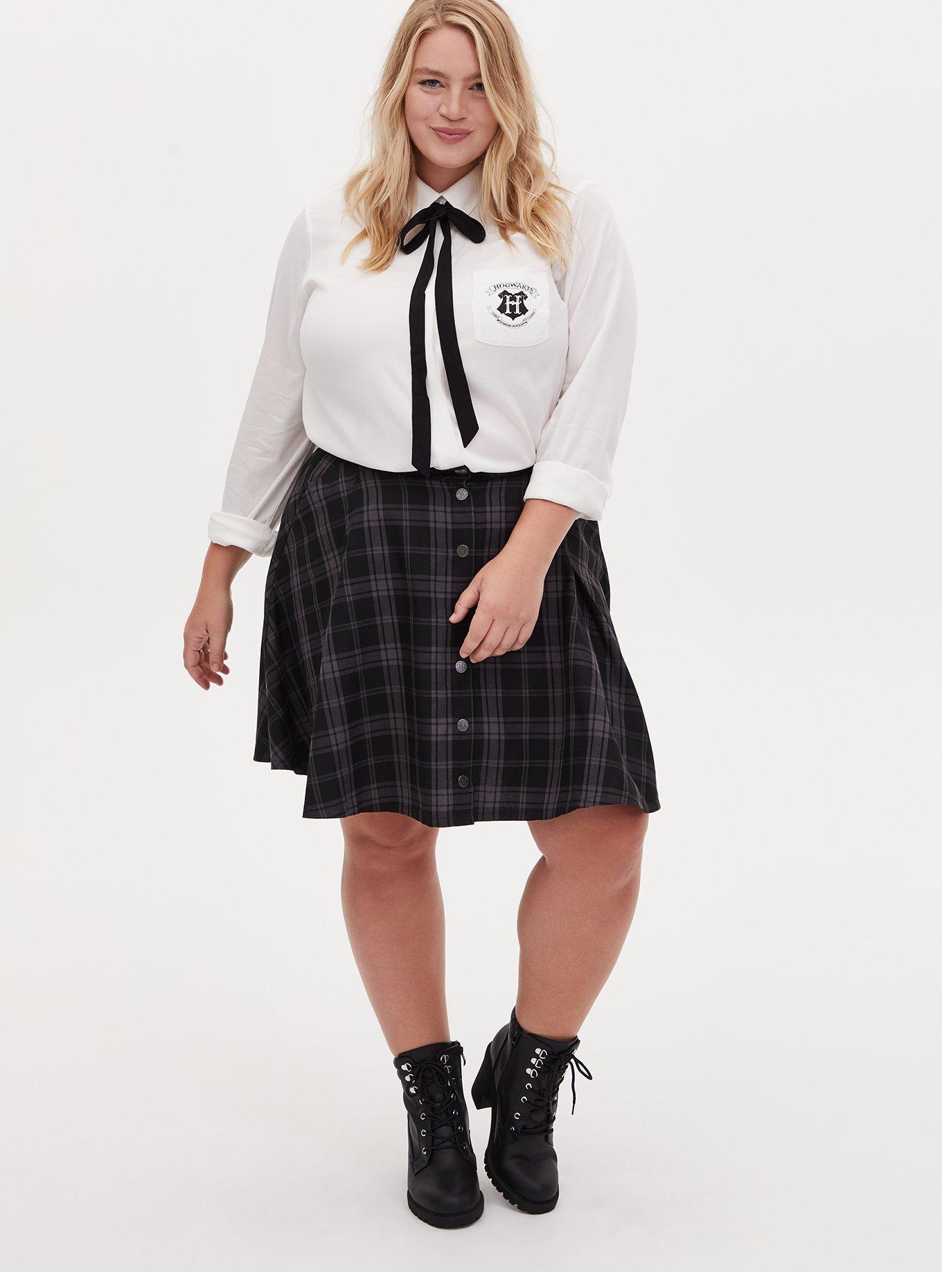 Plus Size Harry Potter Hogwarts Grey Plaid Twill  Button Front Mini Skirt , DEEP BLACK, alternate