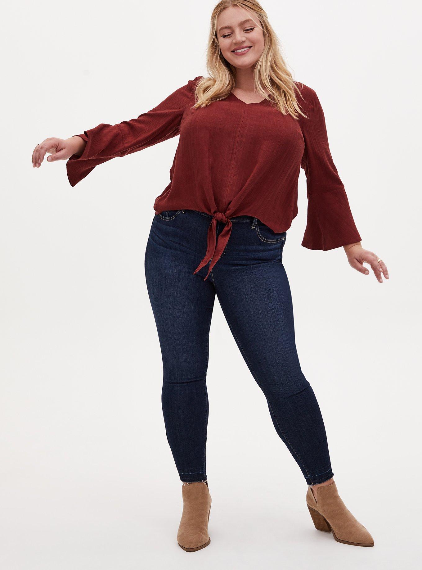 Plus Size Brick Red Textured Tie Front Midi Blouse, MADDER BROWN, alternate
