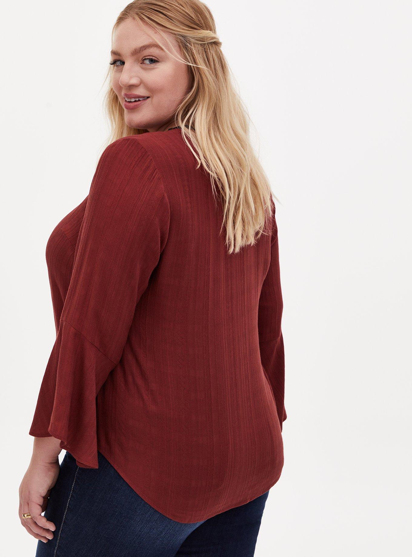 Plus Size Brick Red Textured Tie Front Midi Blouse, MADDER BROWN, alternate