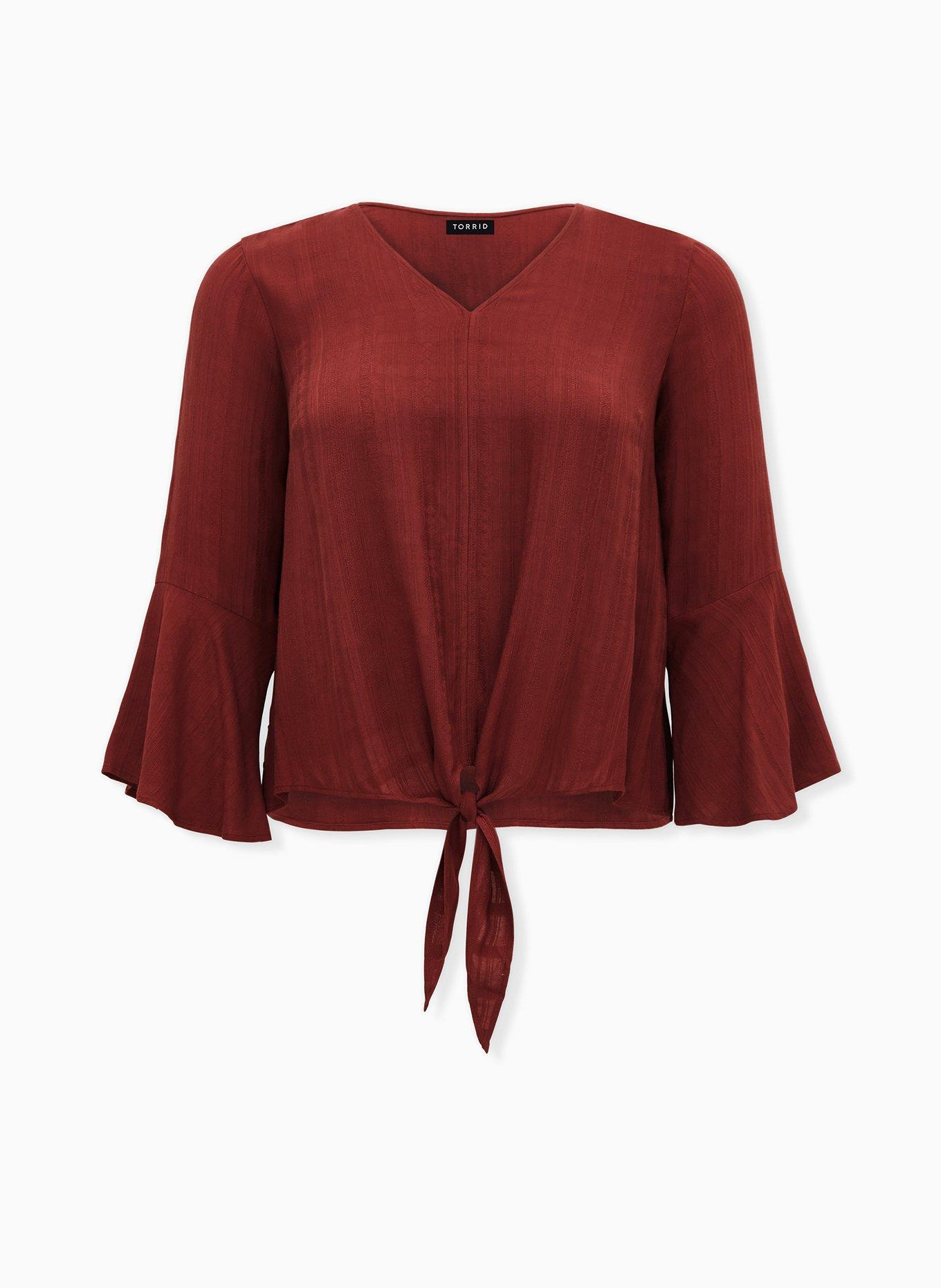 Plus Size Brick Red Textured Tie Front Midi Blouse, MADDER BROWN, hi-res