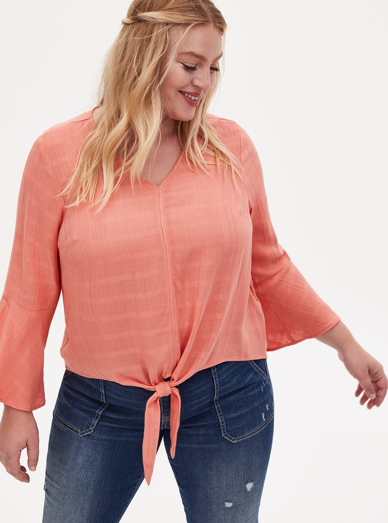 Plus Size Brick Red Textured Tie Front Midi Blouse, MADDER BROWN, hi-res