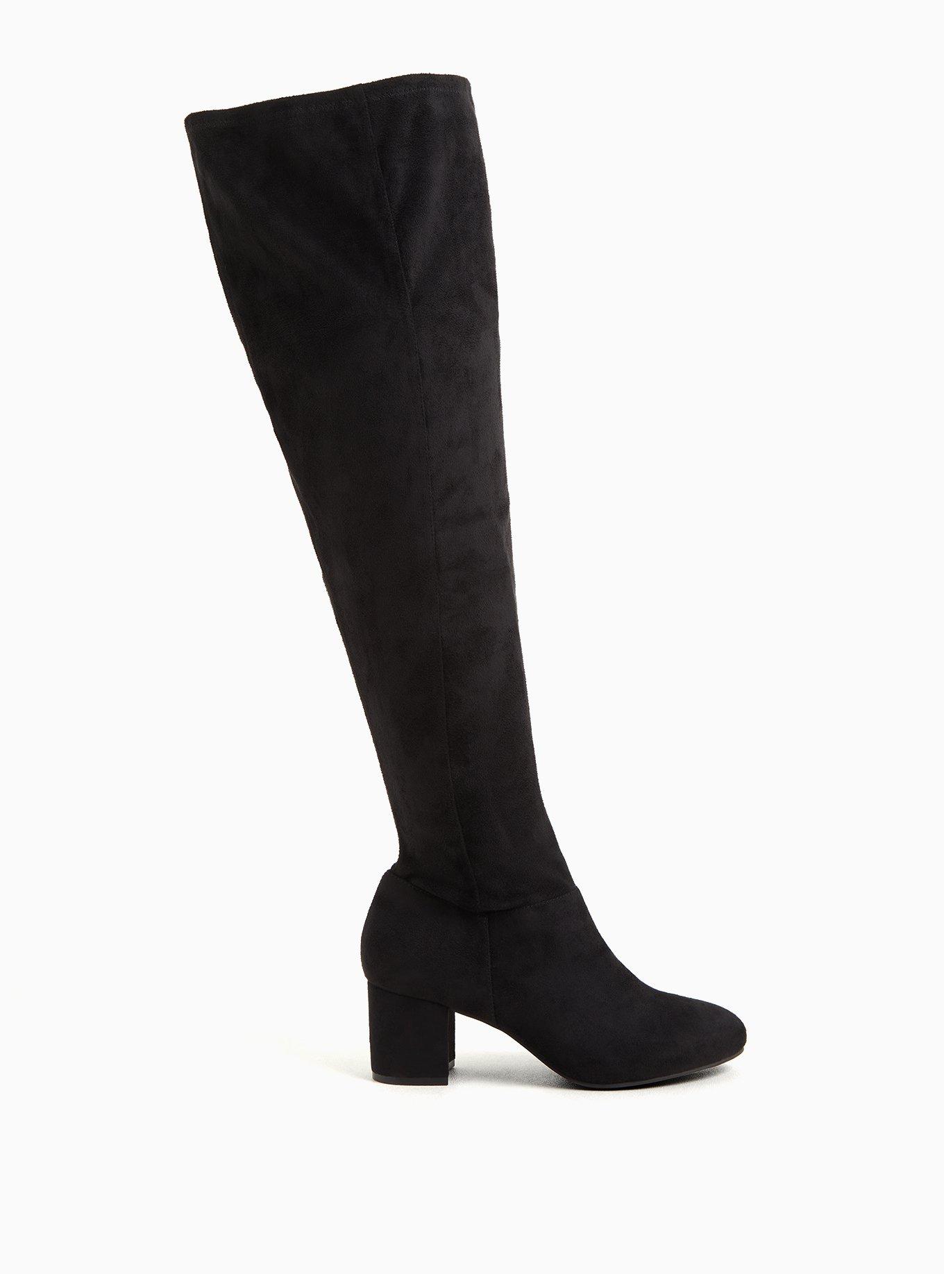 Plus Size - Black Faux Suede Woven Block Heel Over-The-Knee